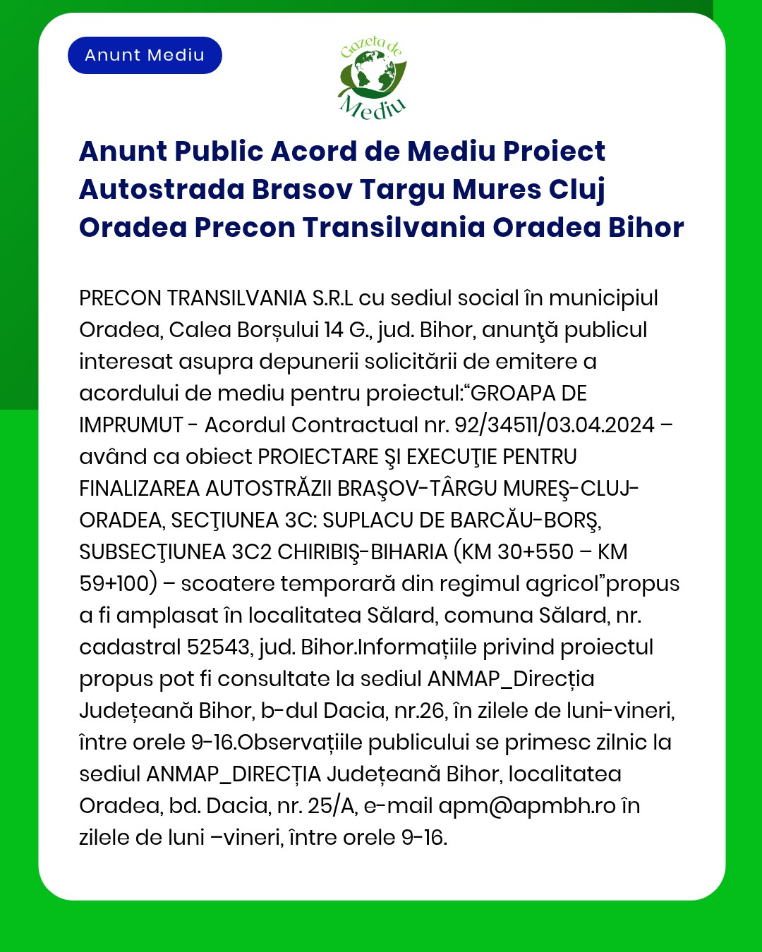 Anunt Public Acord de Mediu Proiect Autostrada Brasov Targu Mures Cluj