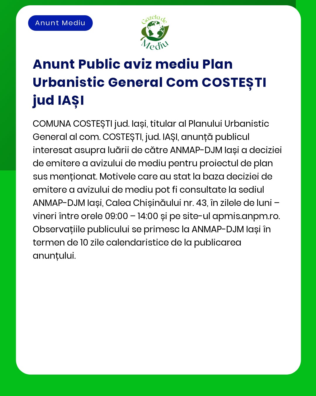 Anunț privind decizia etapei de încadrare pentru Planul Urbanistic General COSTEȘTI județul Iași