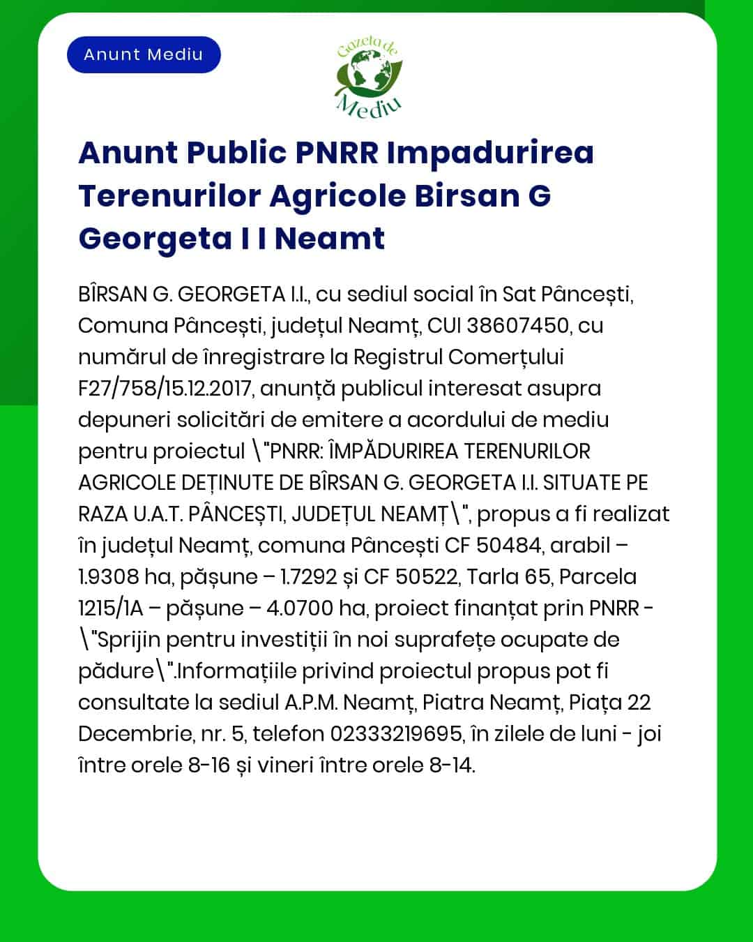 Anunt Public PNRR Impadurirea Terenurilor Agricole Birsan G Georgeta I