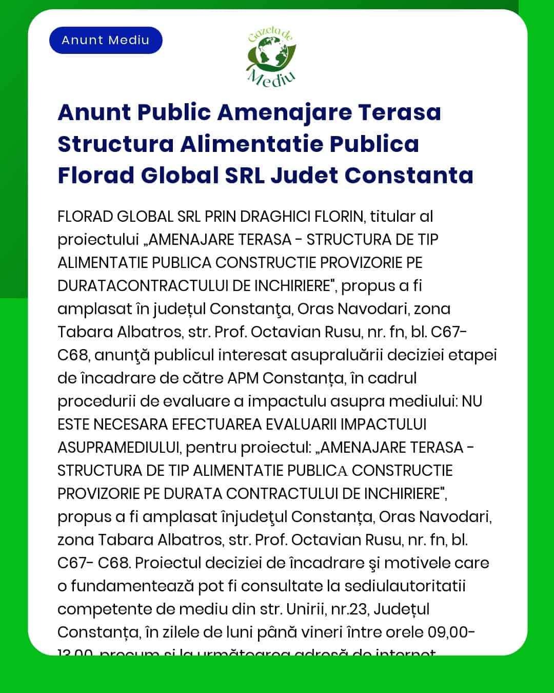 Anunt Public Amenajare Terasa Structura Alimentatie Publica Florad Glo