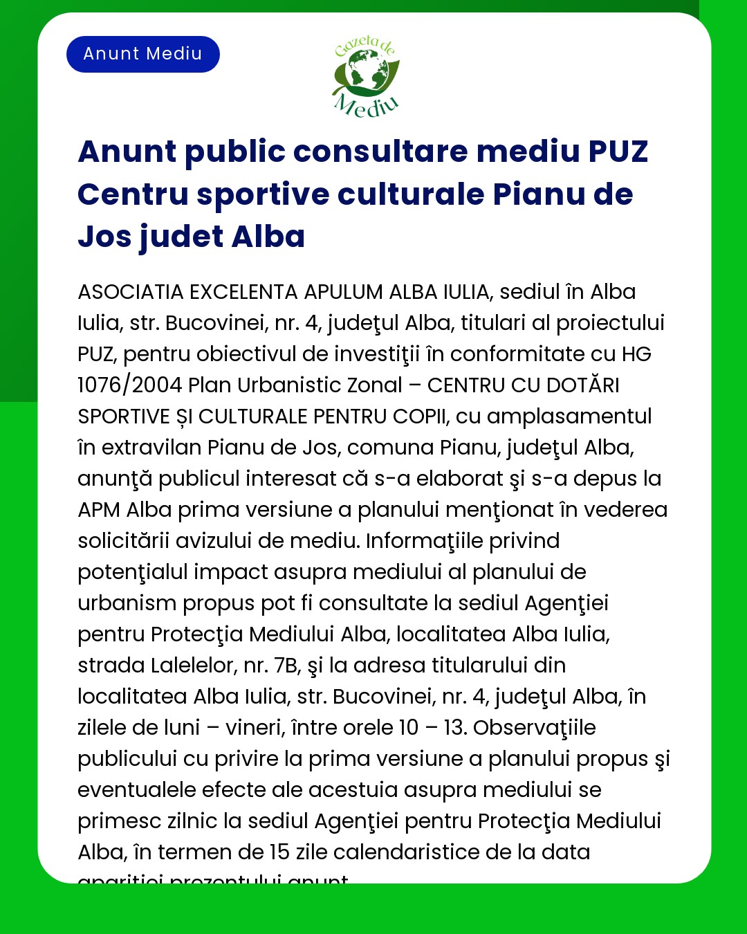 Anunt public consultare mediu PUZ Centru sportive culturale Pianu de J