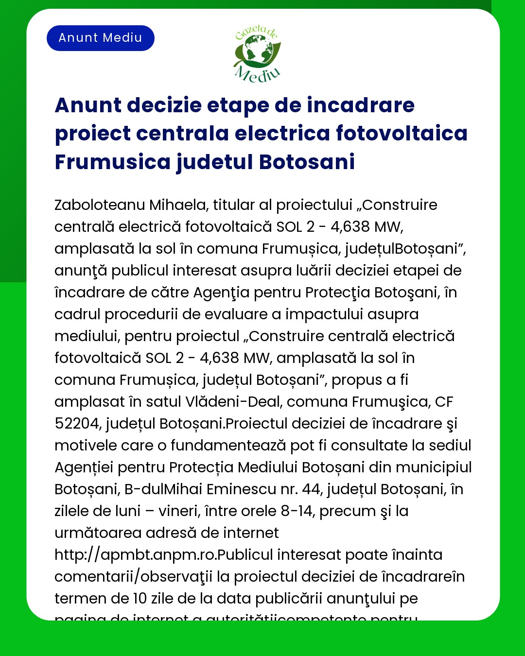 Anunt decizie etape de incadrare proiect centrala electrica fotovoltai