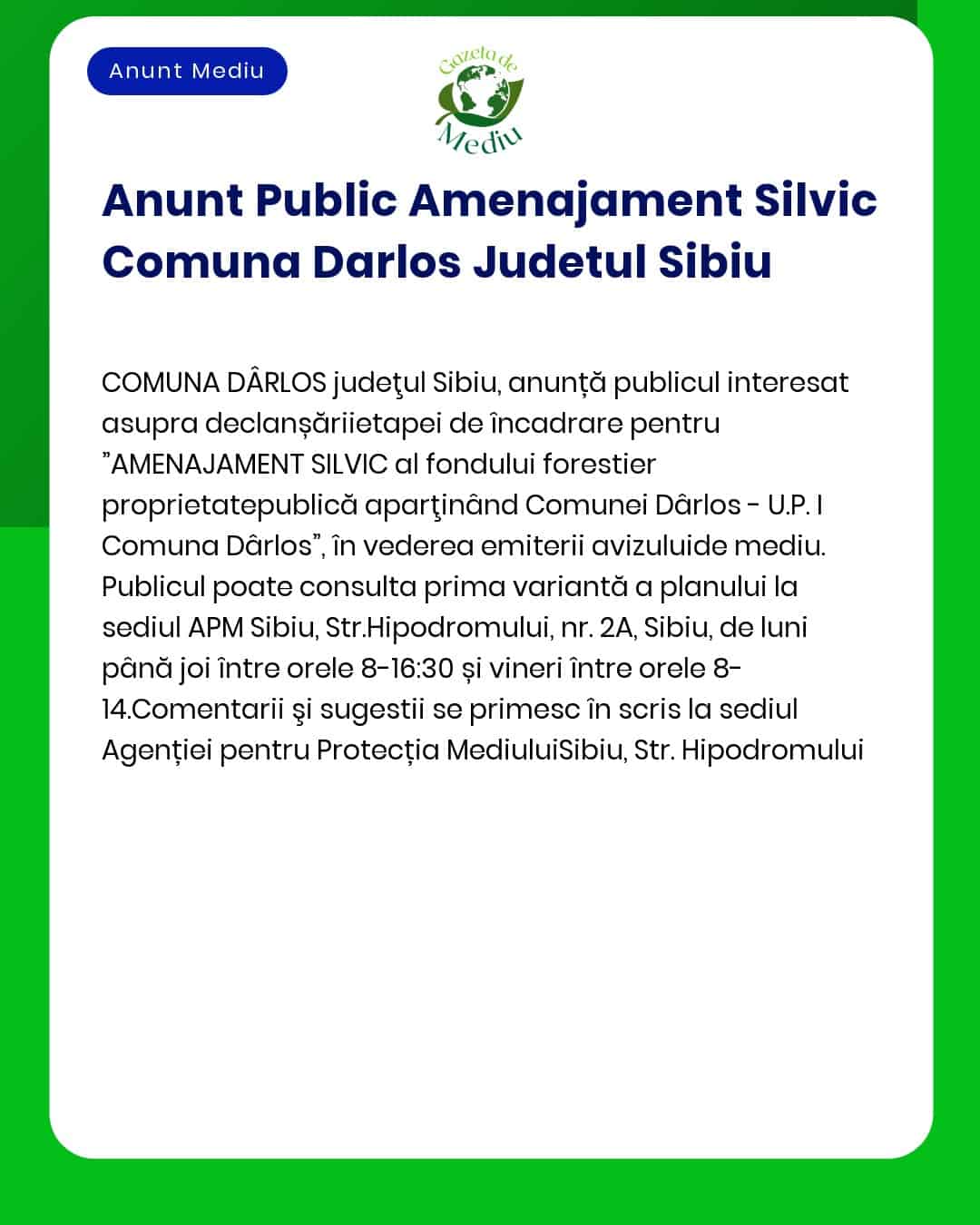 Anunt Public Amenajament Silvic Comuna Darlos Judetul Sibiu