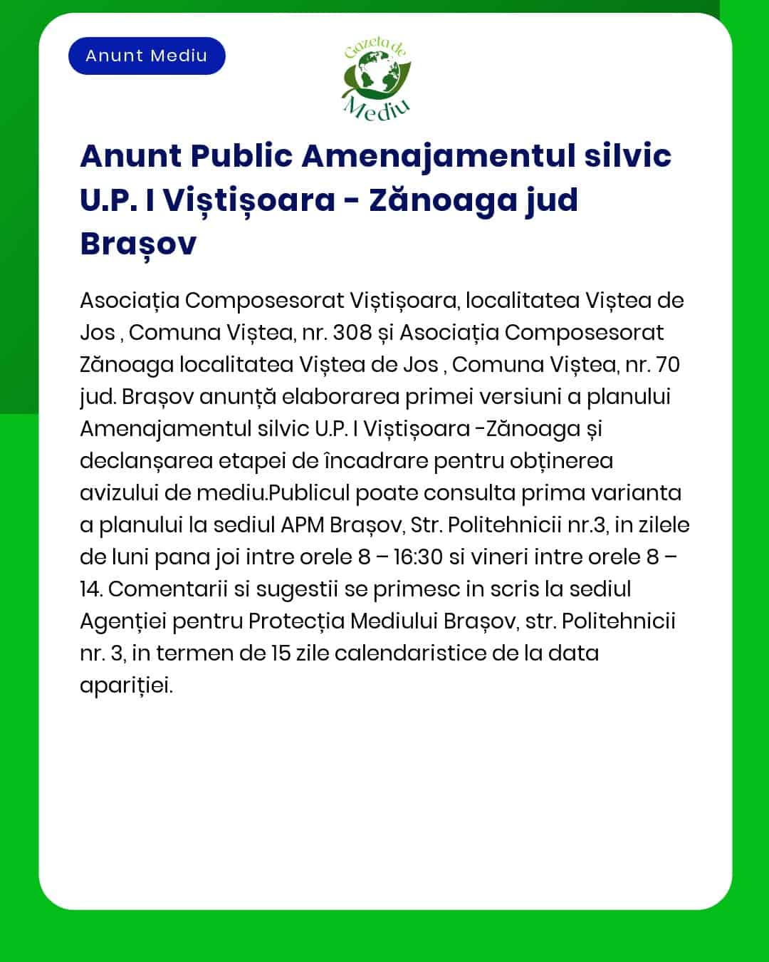 Nu există titlul proiectului sau titularul menționate exact în textul anunțului