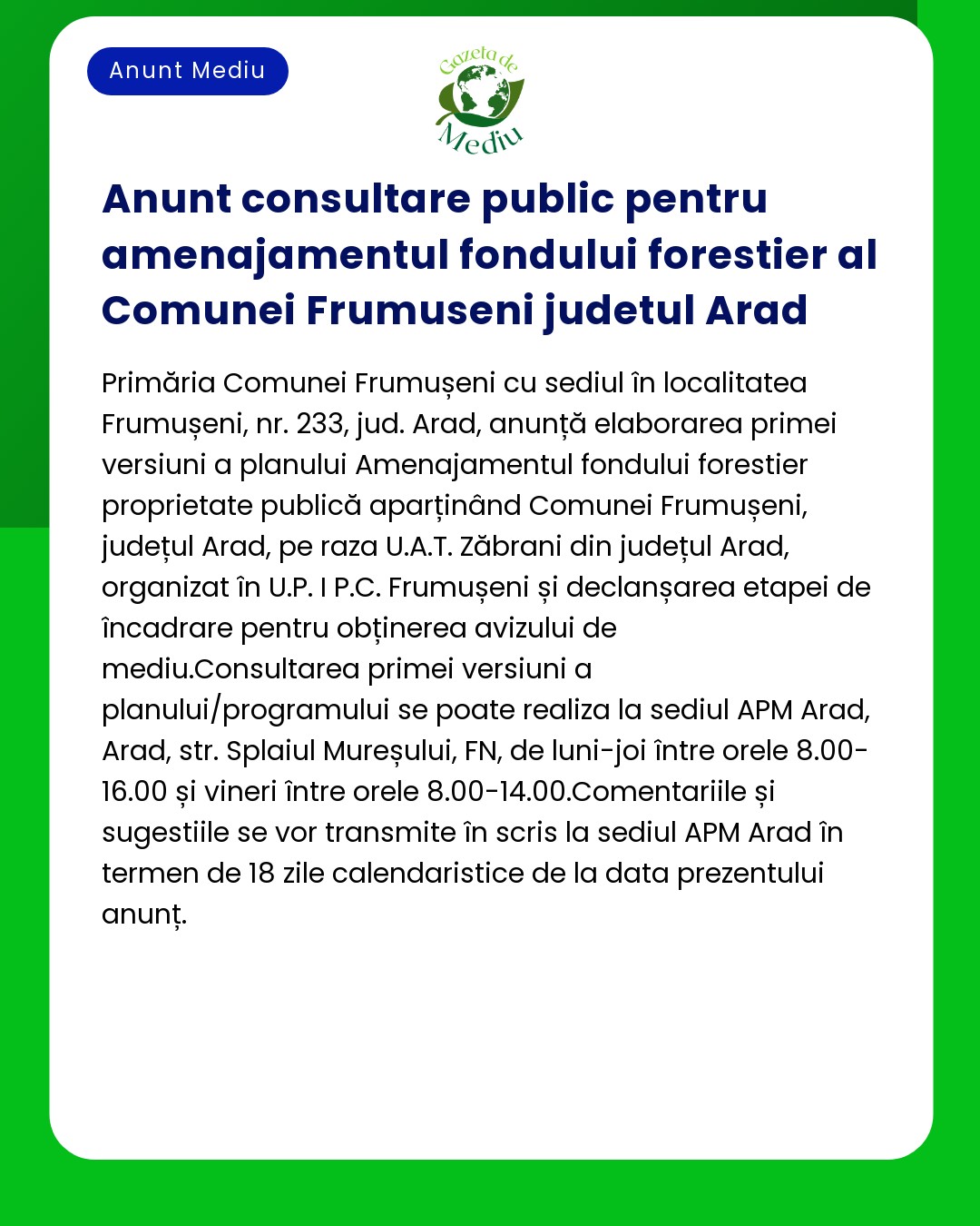 Anunt consultare public pentru amenajamentul fondului forestier al Com