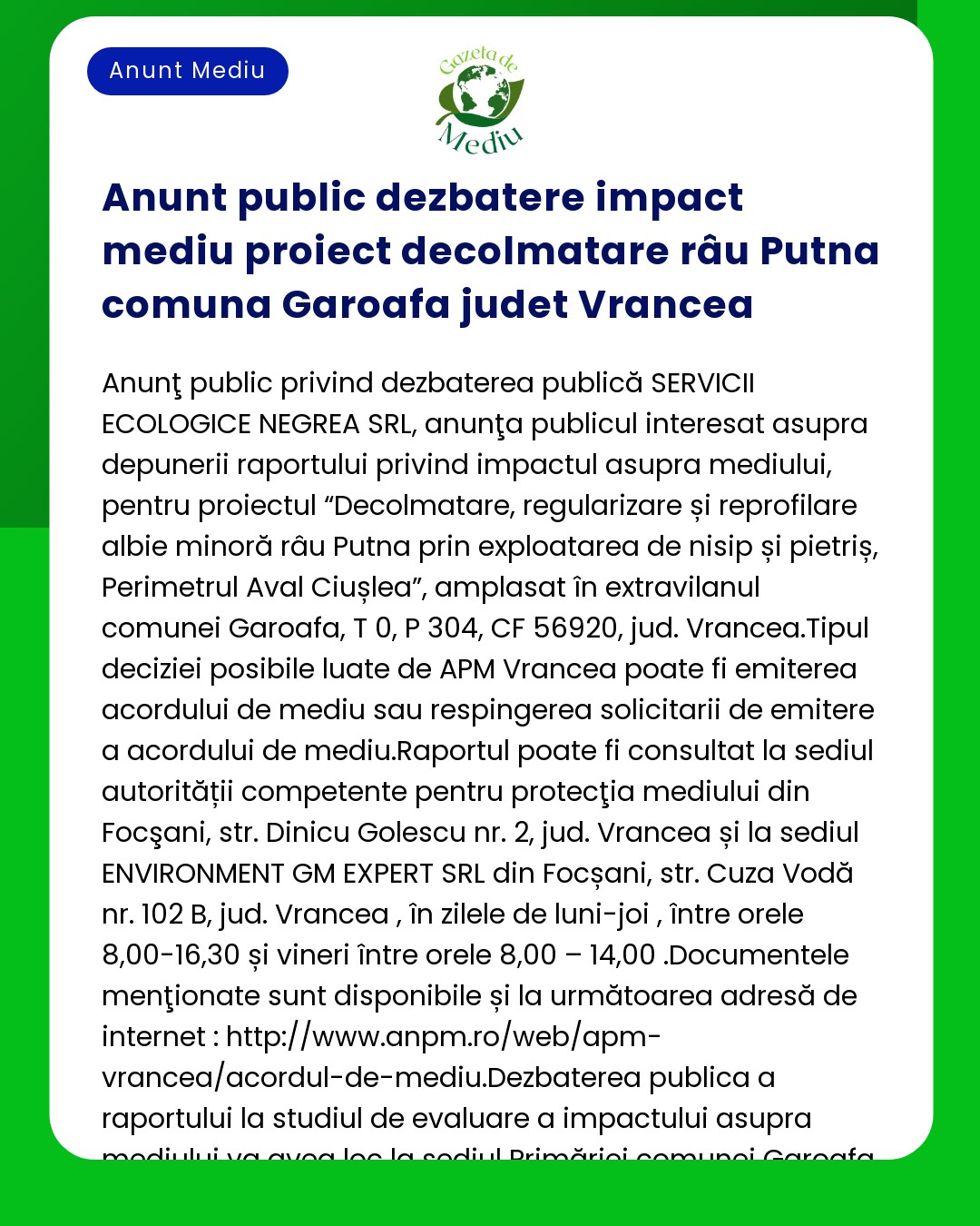 Anunt public dezbatere impact mediu proiect decolmatare râu Putna comu