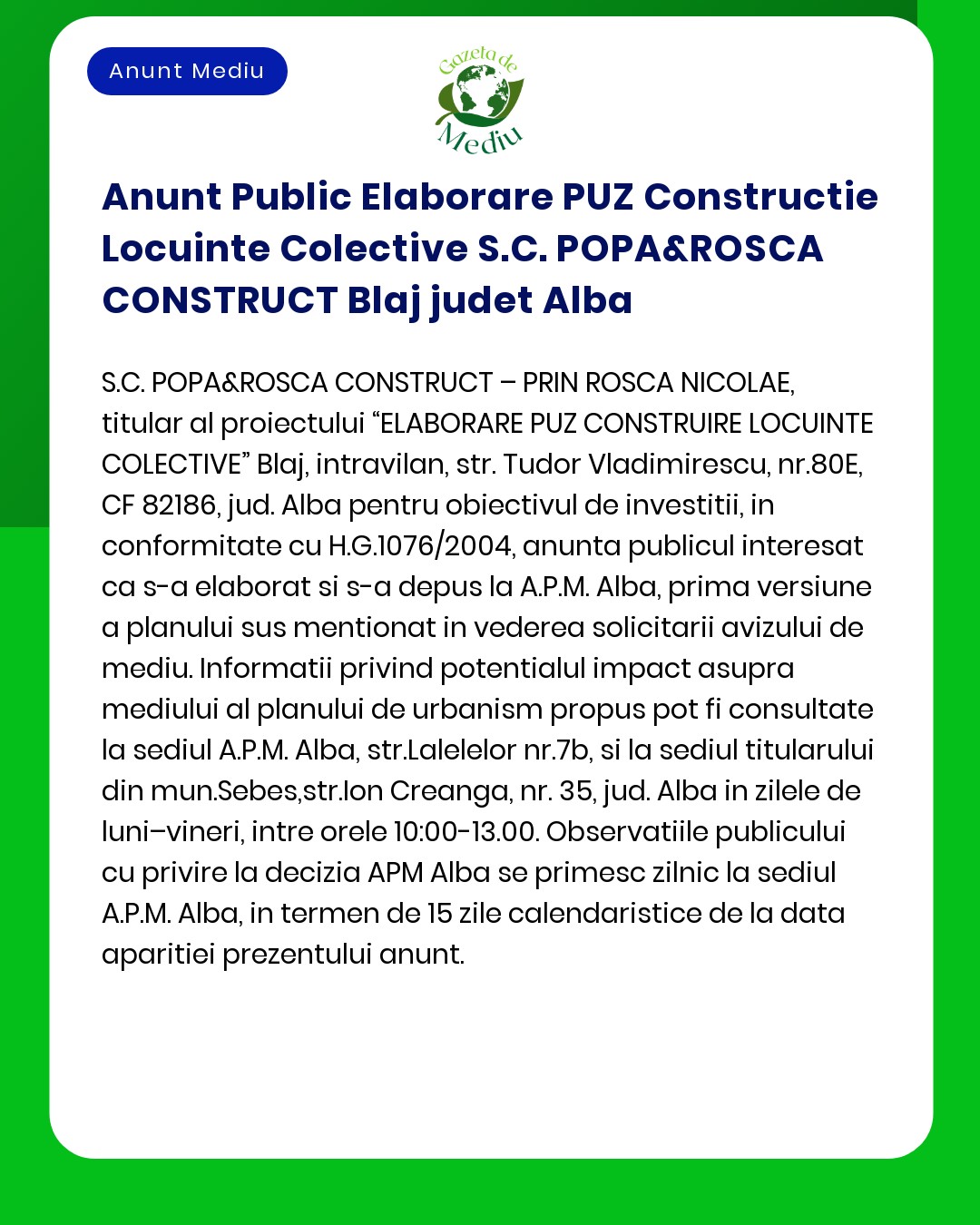 Anunt Public Elaborare PUZ Constructie Locuinte Colective S.C. POPA&RO