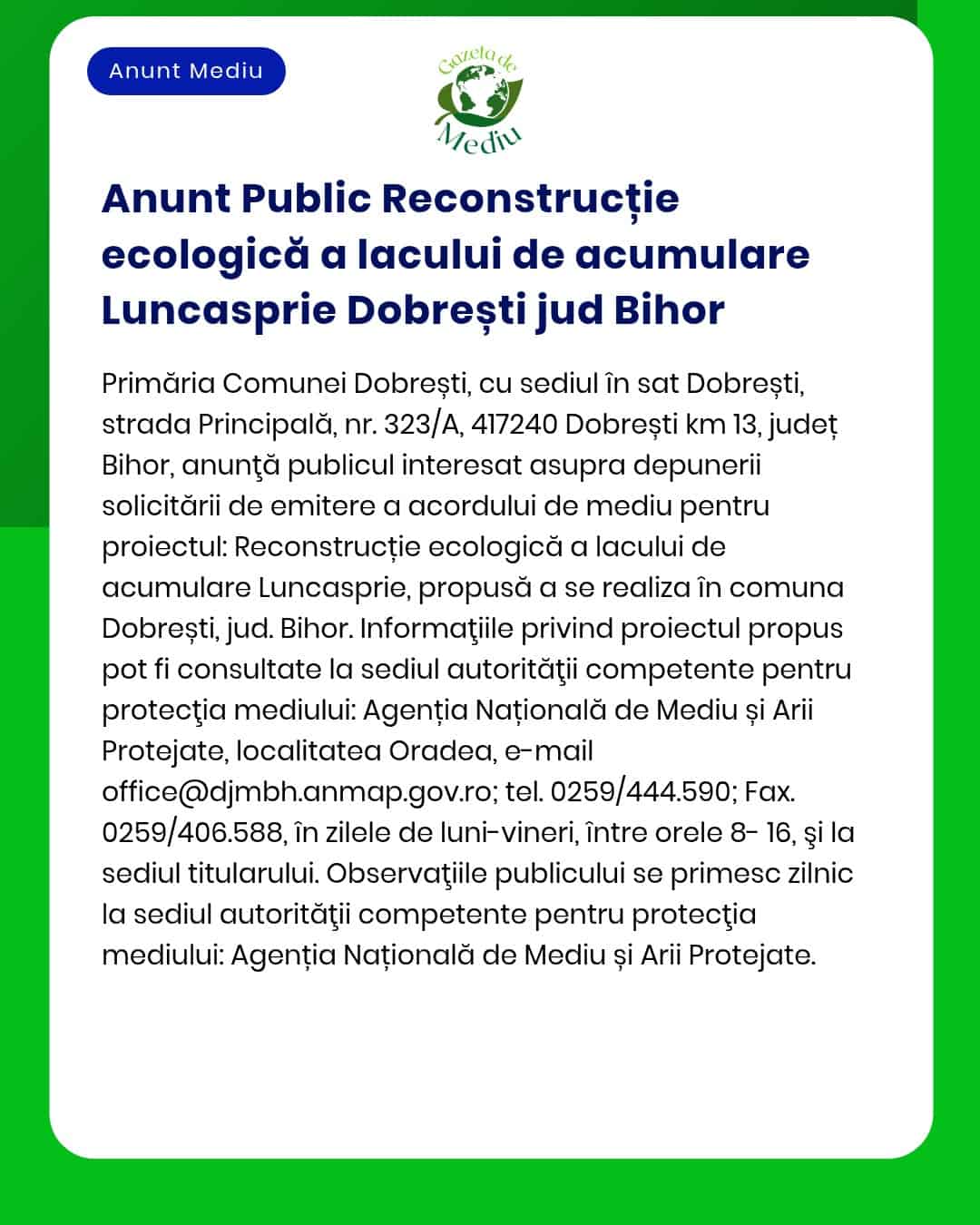 Se pot depune solicitări pentru reconstrucția ecologică a acumulării Luncasprie Dobrești județul Bihor