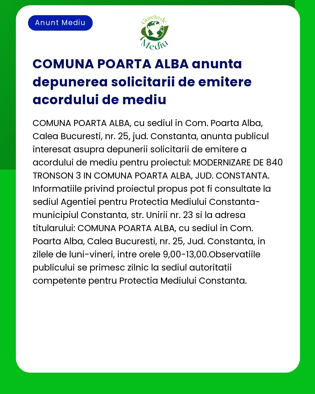 Proiectul 'Construire parc fotovoltaic - 25 MW – SPP1 Poarta Albă' titular SC SPV LXX SRL