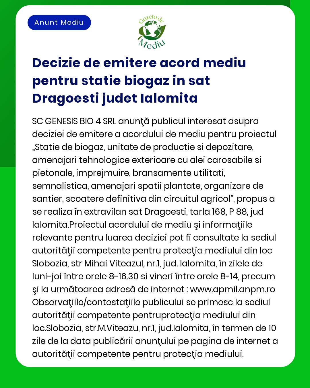 Decizie de emitere acord mediu pentru statie biogaz in sat Dragoesti j