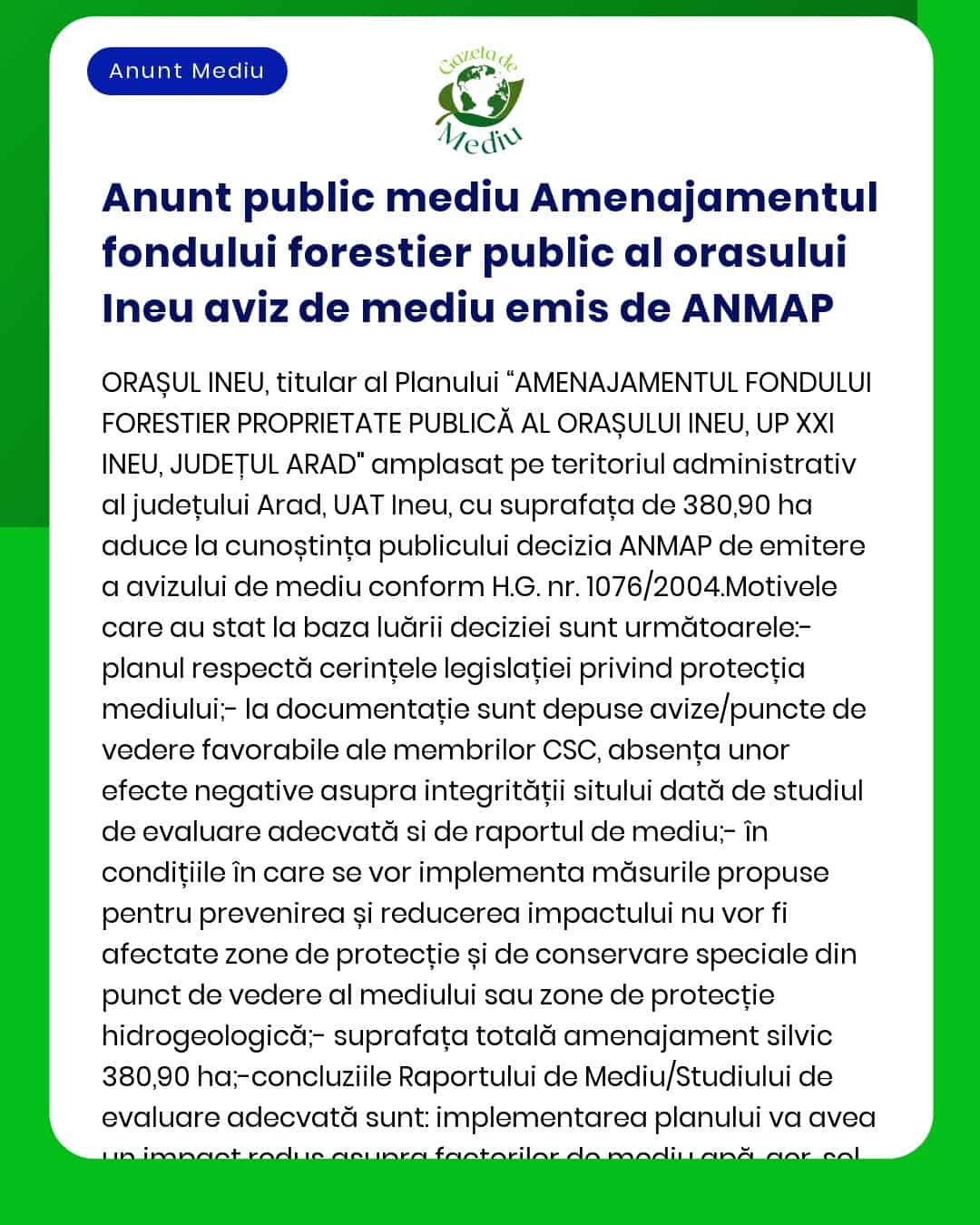 Anunt public mediu Amenajamentul fondului forestier public al orasului