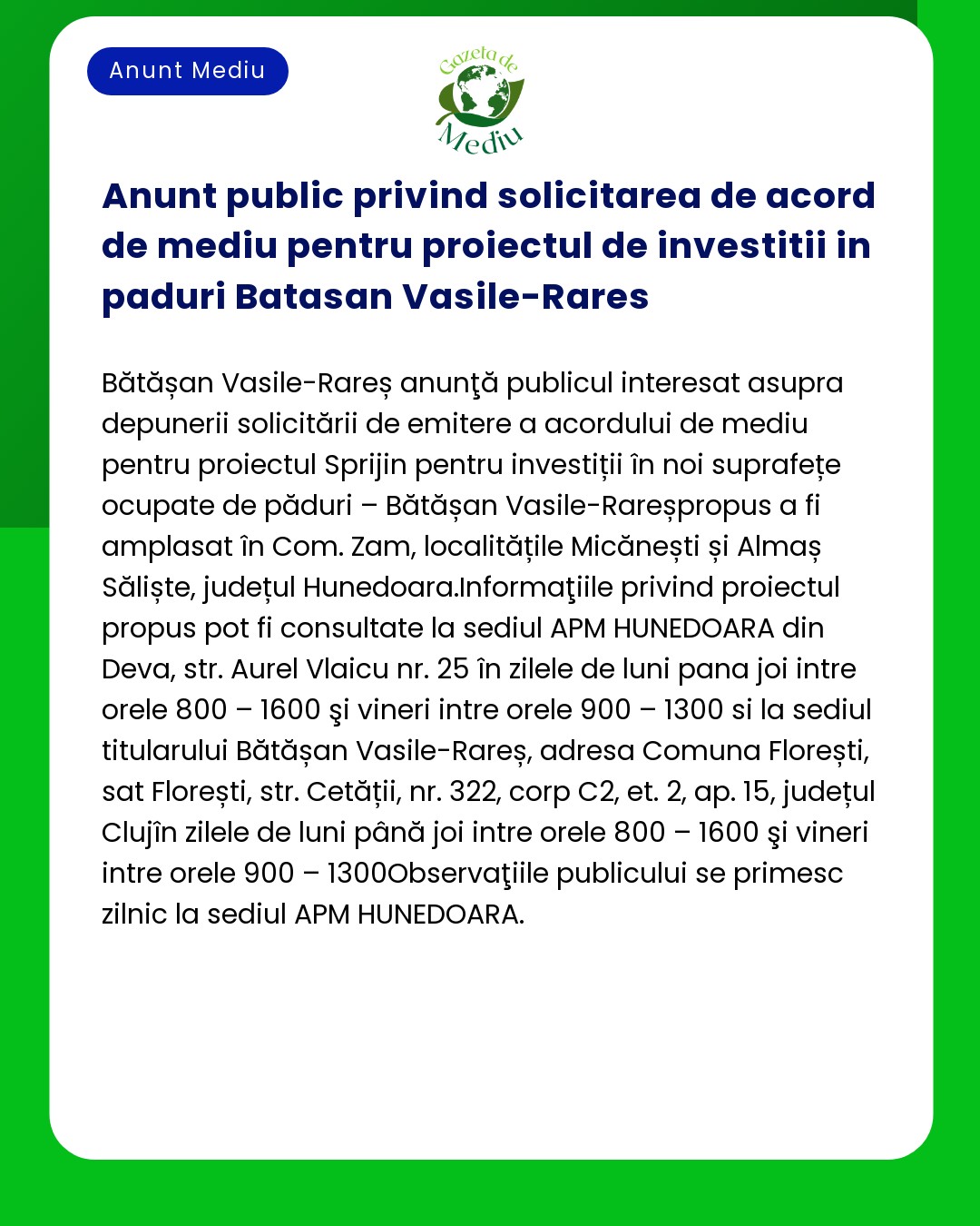 Anunt public privind solicitarea de acord de mediu pentru proiectul de