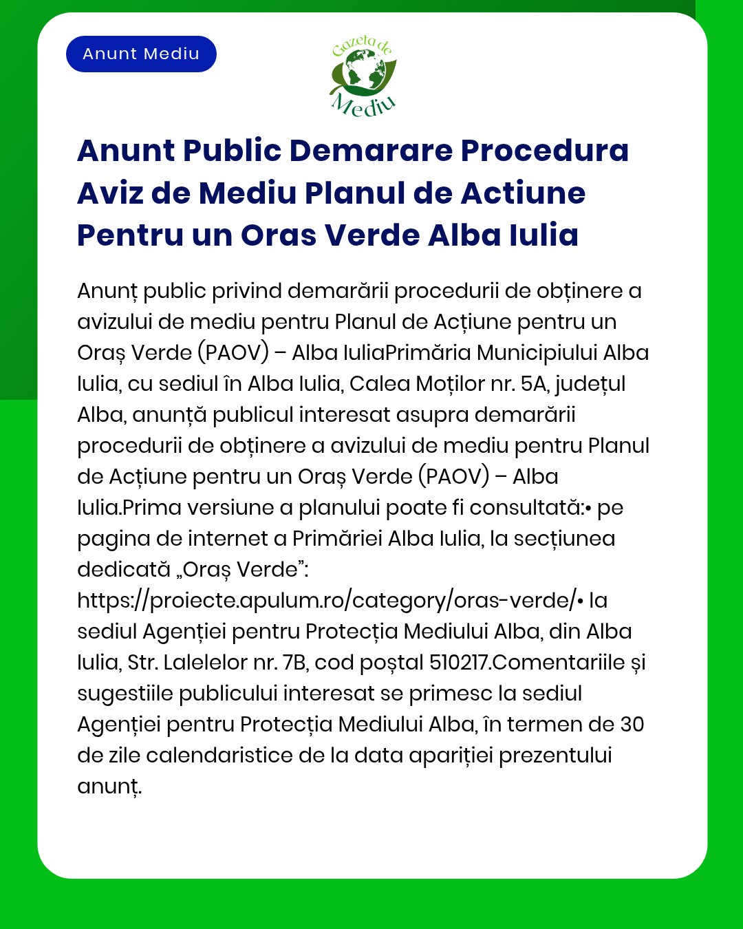Anunt Public Demarare Procedura Aviz de Mediu Planul de Actiune Pentru