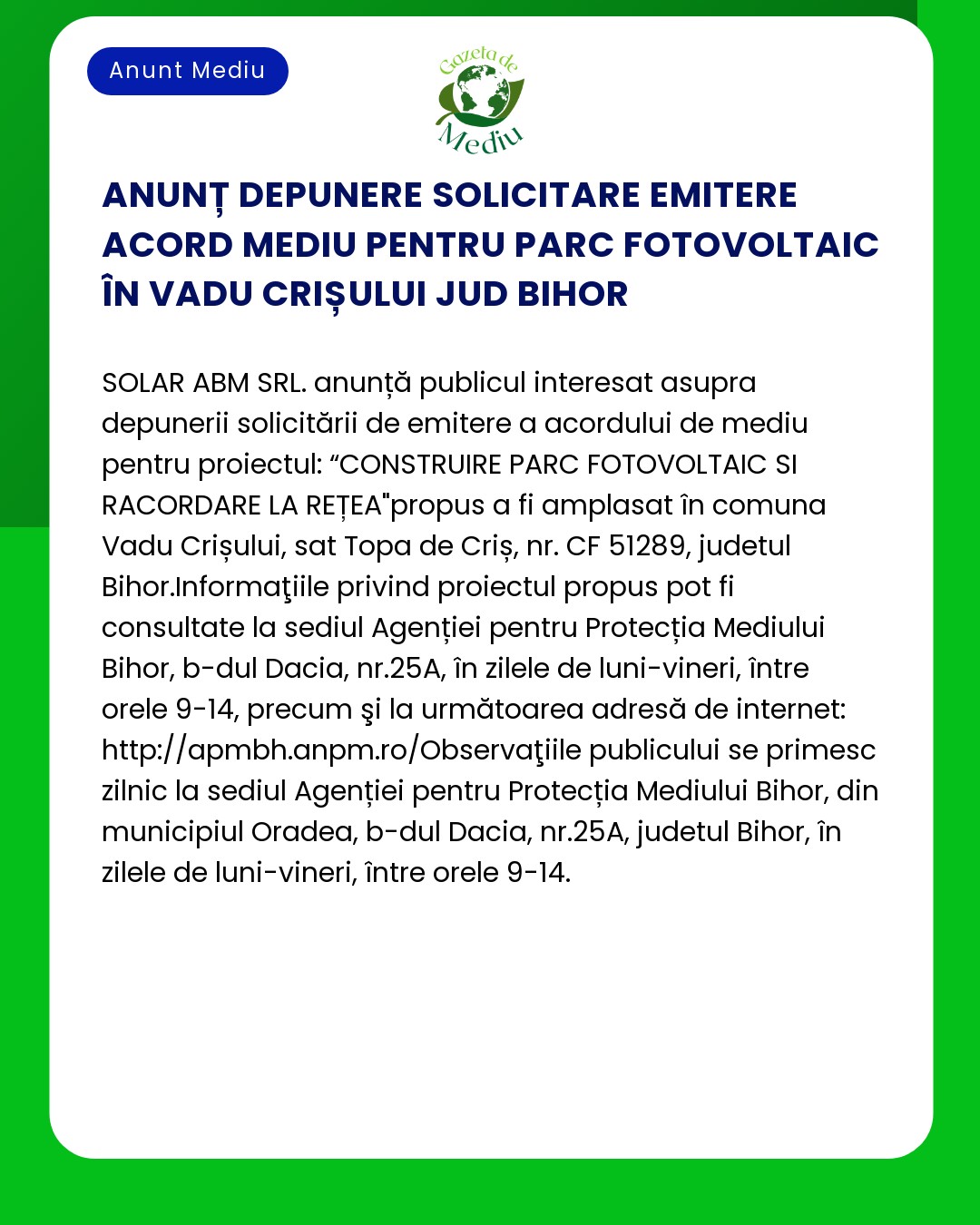 ANUNȚ DEPUNERE SOLICITARE EMITERE ACORD MEDIU PENTRU PARC FOTOVOLTAIC