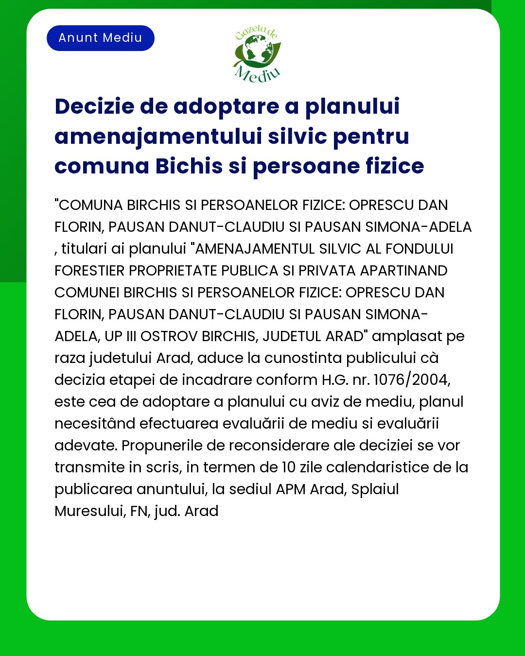 Decizie de adoptare a planului amenajamentului silvic pentru comuna Bi