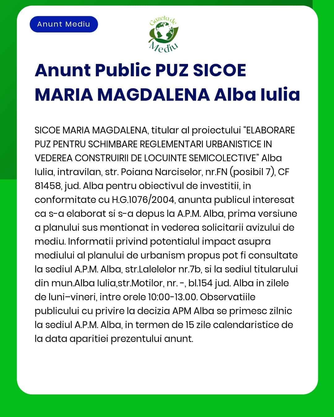 Anunt Public PUZ SICOE MARIA MAGDALENA Alba Iulia