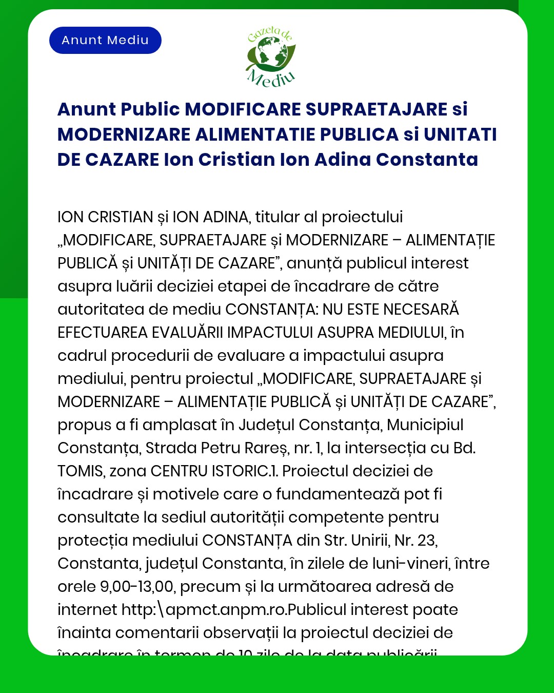 Anunt Public MODIFICARE SUPRAETAJARE si MODERNIZARE ALIMENTATIE PUBLIC