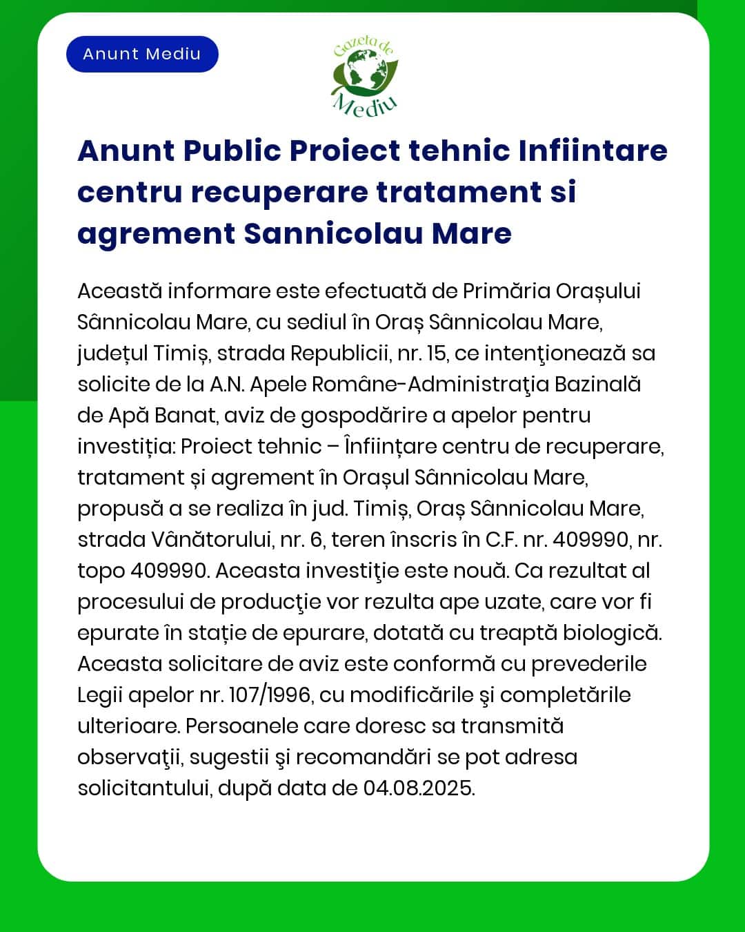 Centru de recuperare și recreere Sânnicolau Mare amplasat în Sânnicolau Mare județul Timiș obiective activități de recuperare și recreere informații administrative aferente proiectului