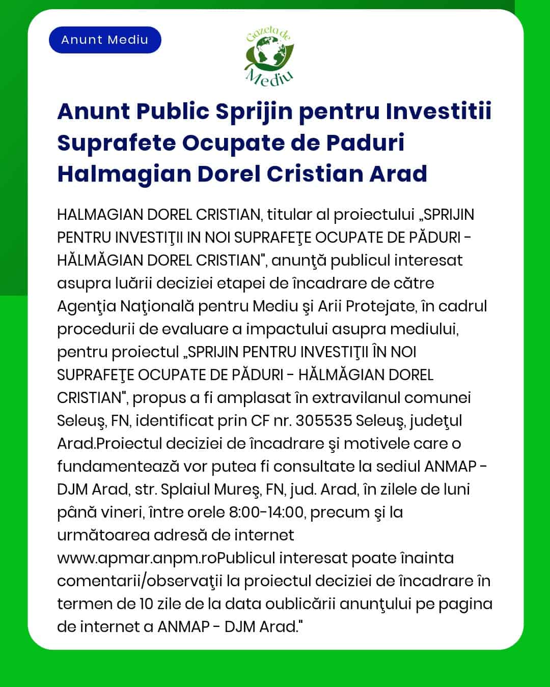 Anunt Public Sprijin pentru Investitii Suprafete Ocupate de Paduri Hal
