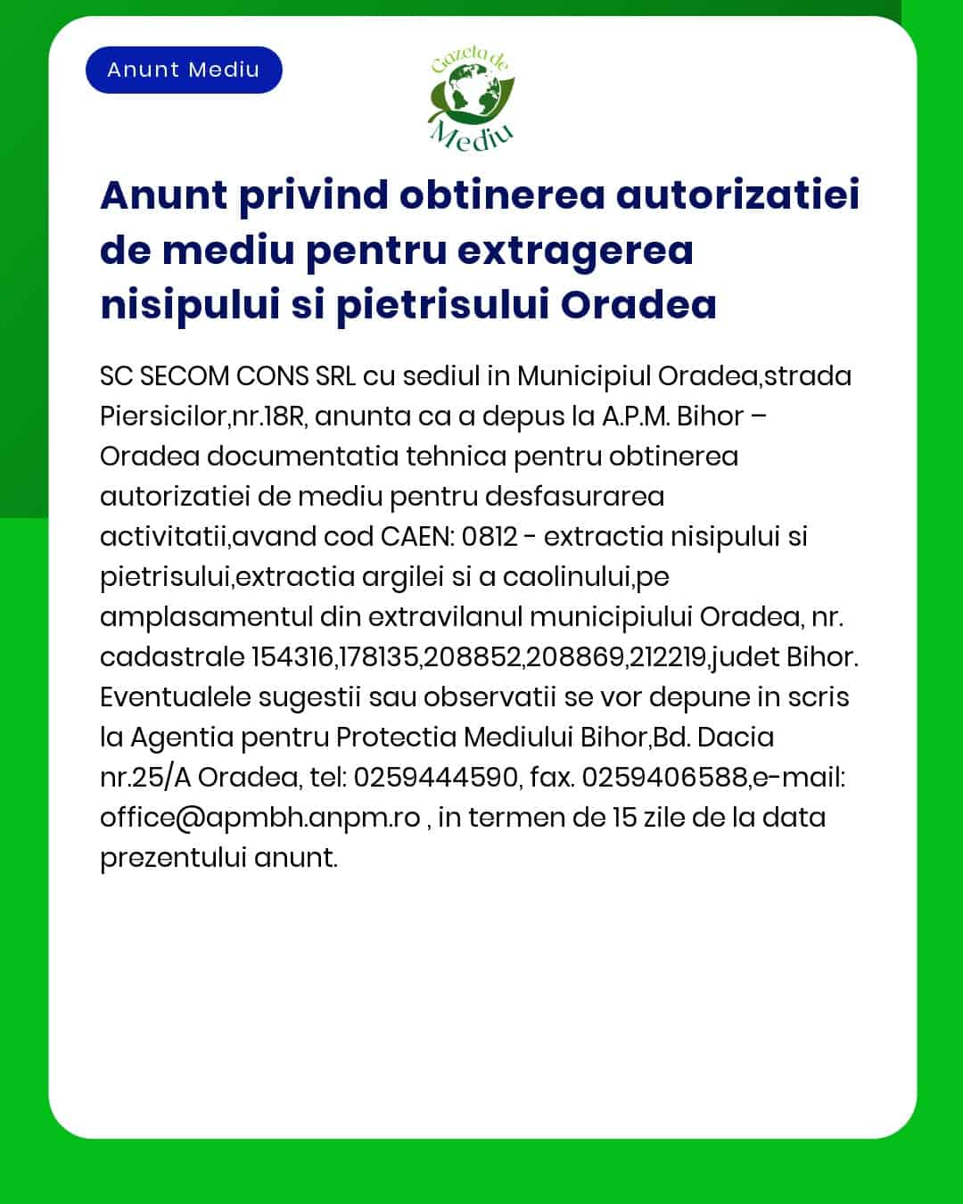 Anunt privind obtinerea autorizatiei de mediu pentru extragerea nisipu
