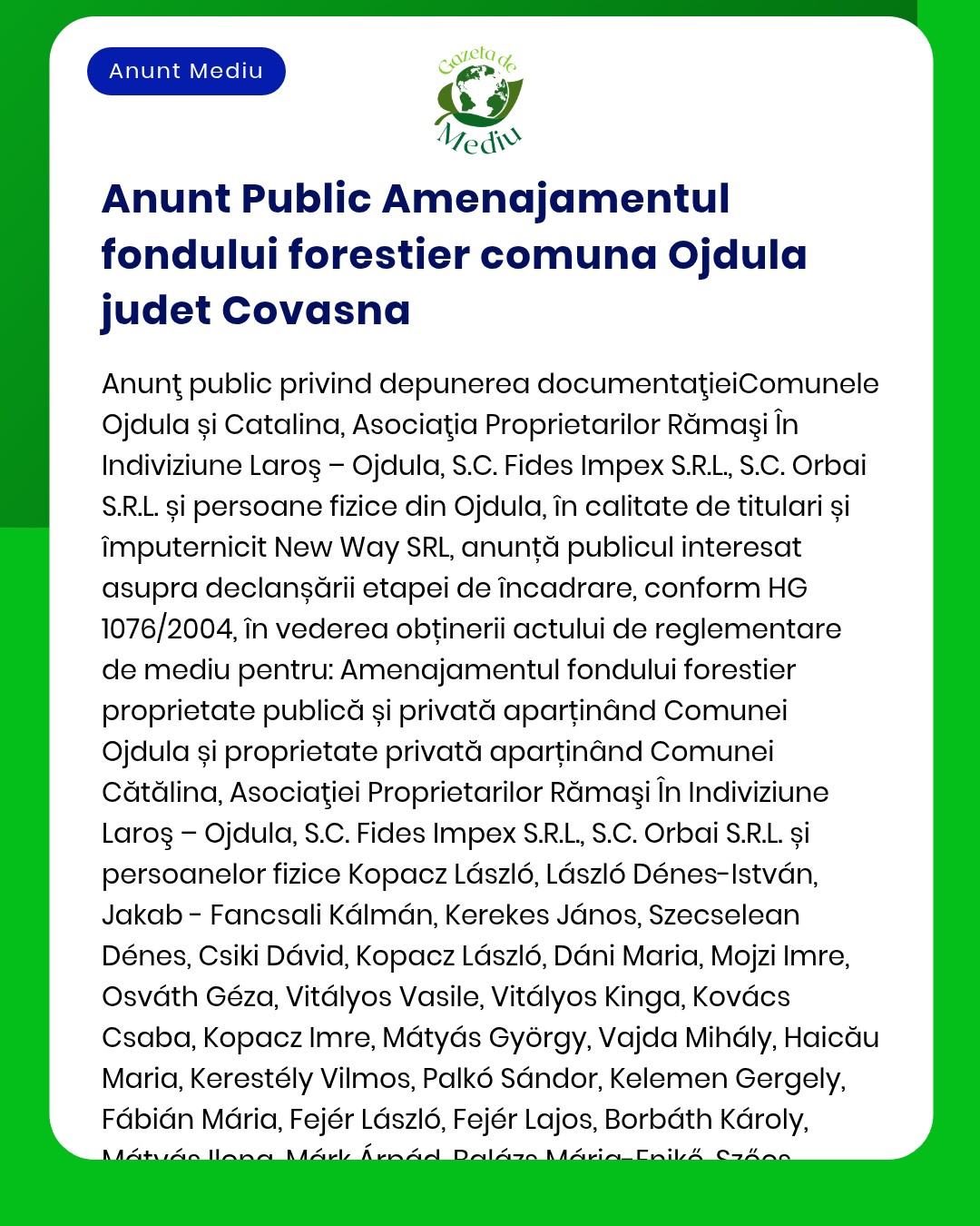 APM Covasna anunță încheierea acordului de finanțare pentru Ojdula privind fondul pentru mediu conform legislației în vigoare