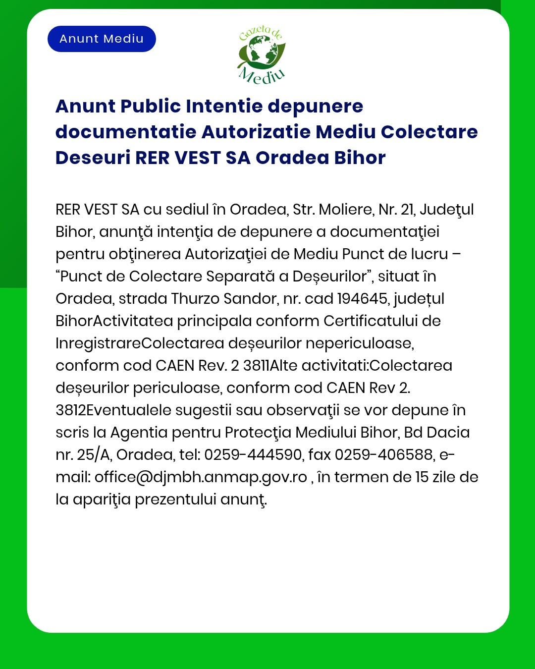 Anunt Public Intentie depunere documentatie Autorizatie Mediu Colectar