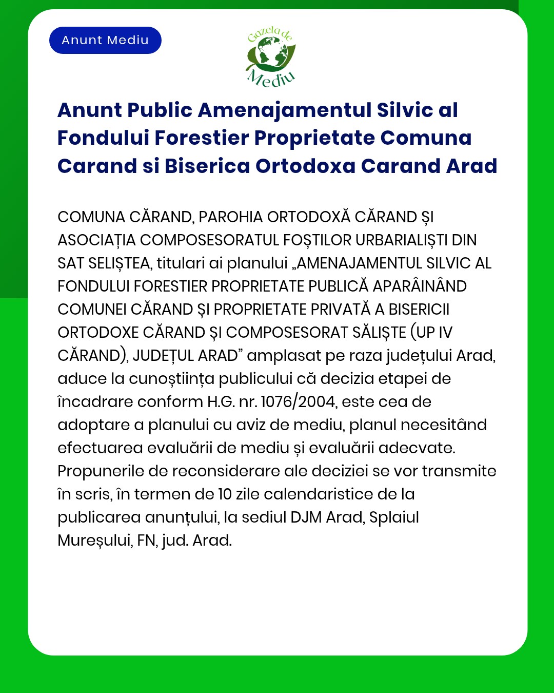 Anunt Public Amenajamentul Silvic al Fondului Forestier Proprietate Co