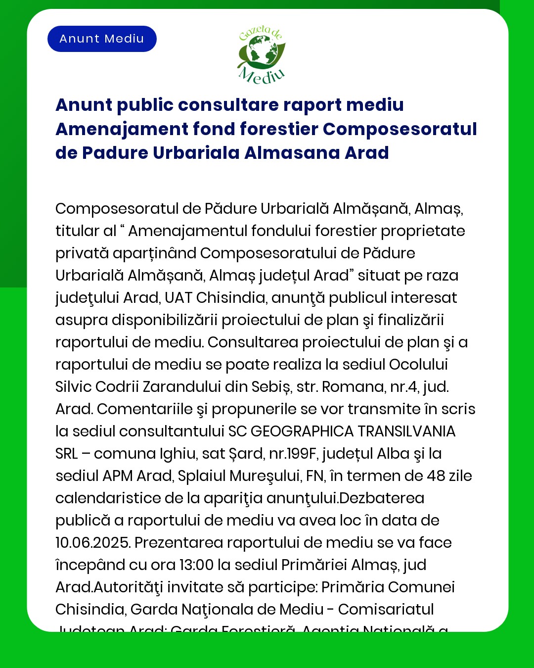 Anunt public consultare raport mediu Amenajament fond forestier Compos