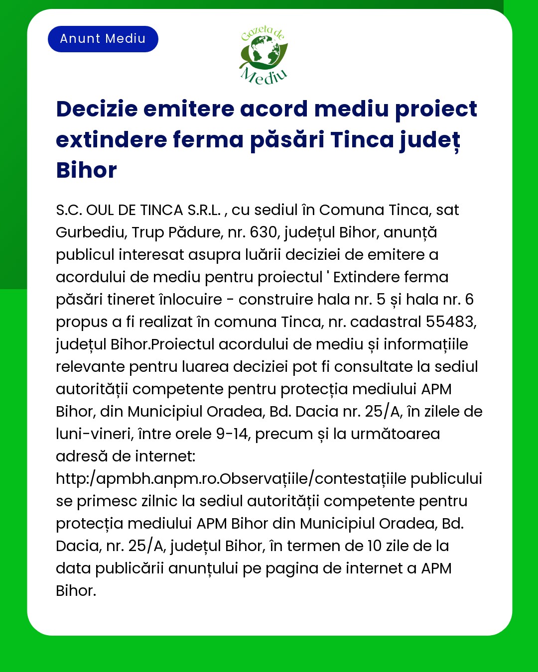 A fost emis acordul de mediu pentru un proiect avicol în Tinca județul Bihor