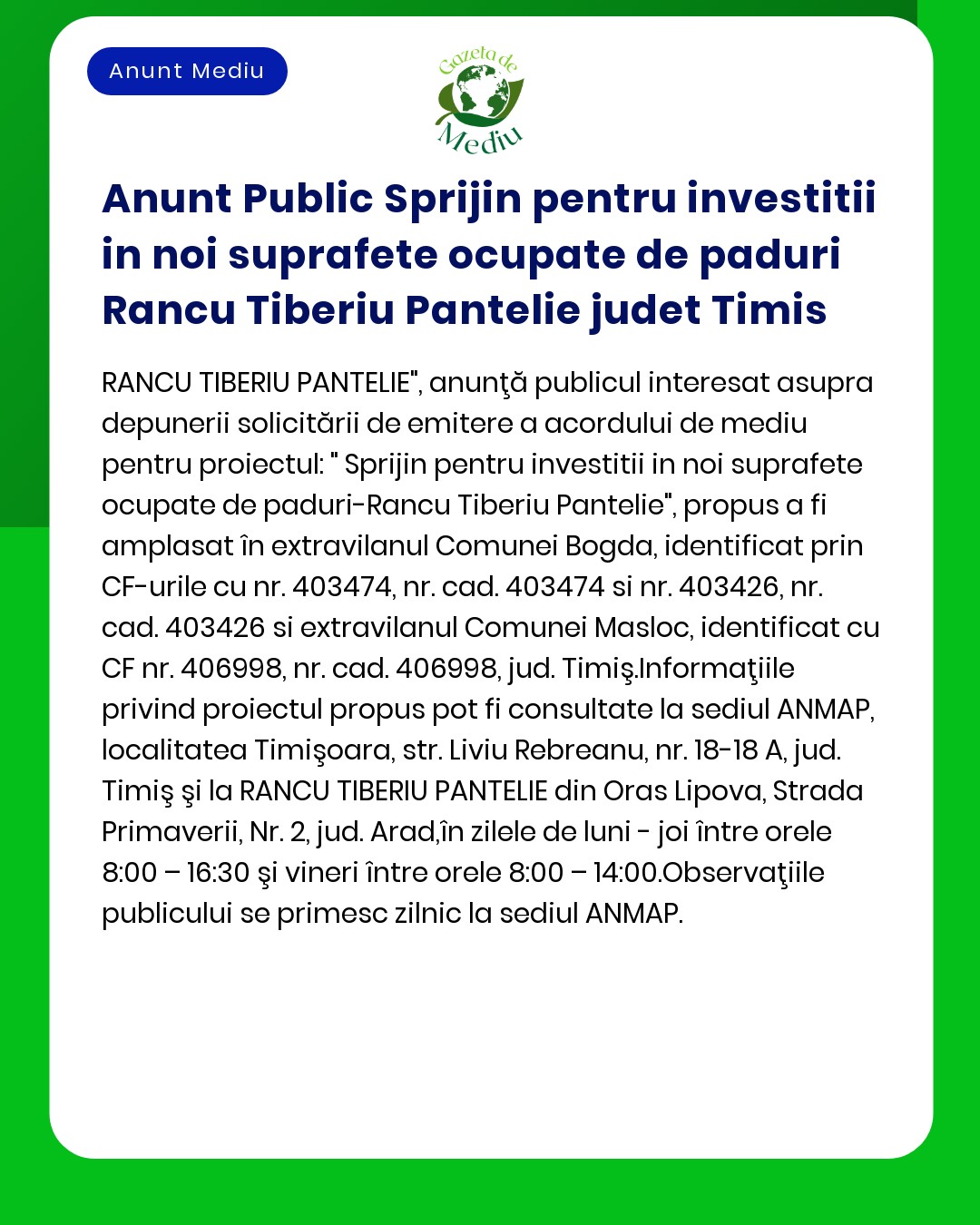 Anunt Public Sprijin pentru investitii in noi suprafete ocupate de pad