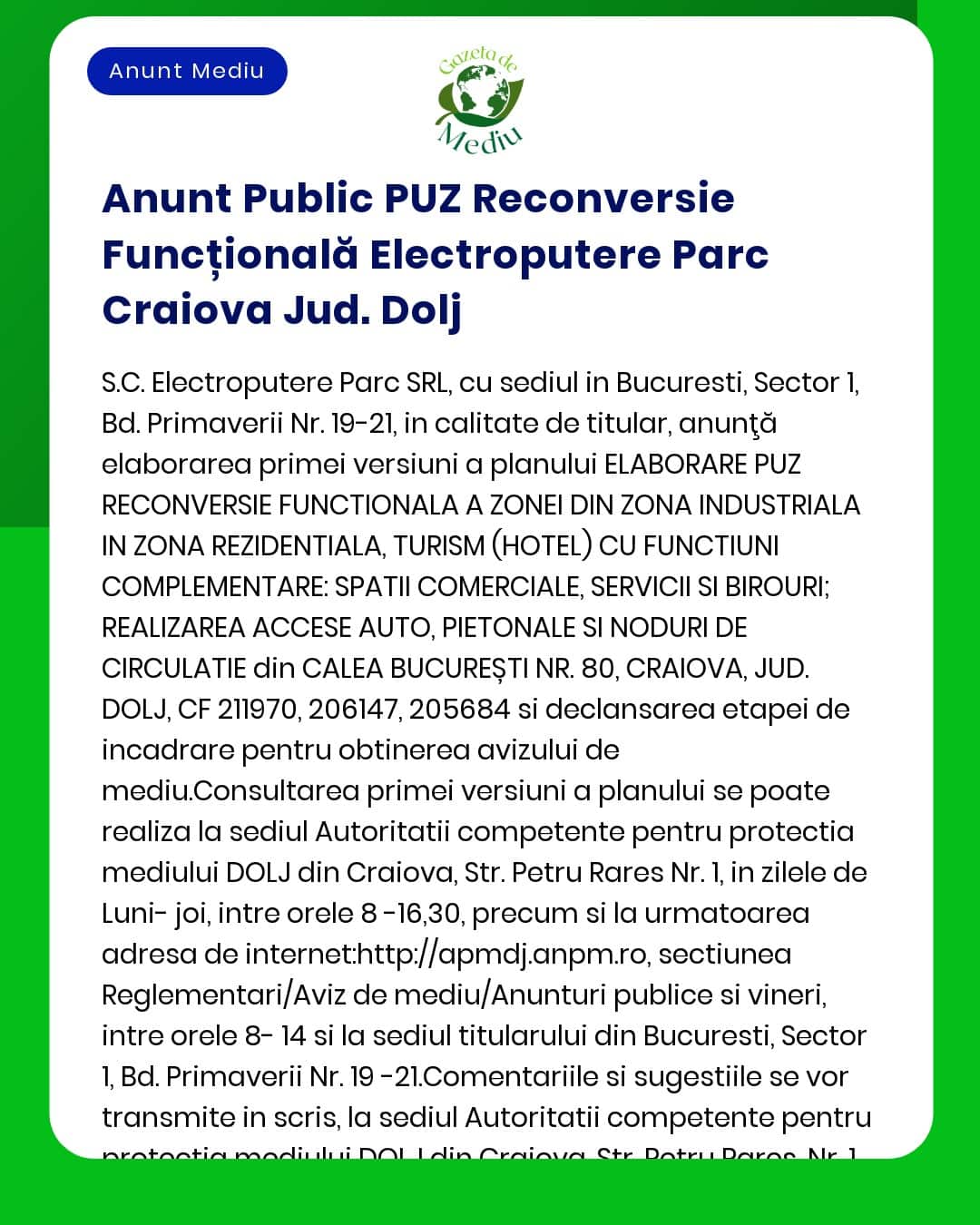 Anunt Public PUZ Reconversie Funcțională Electroputere Parc Craiova Ju