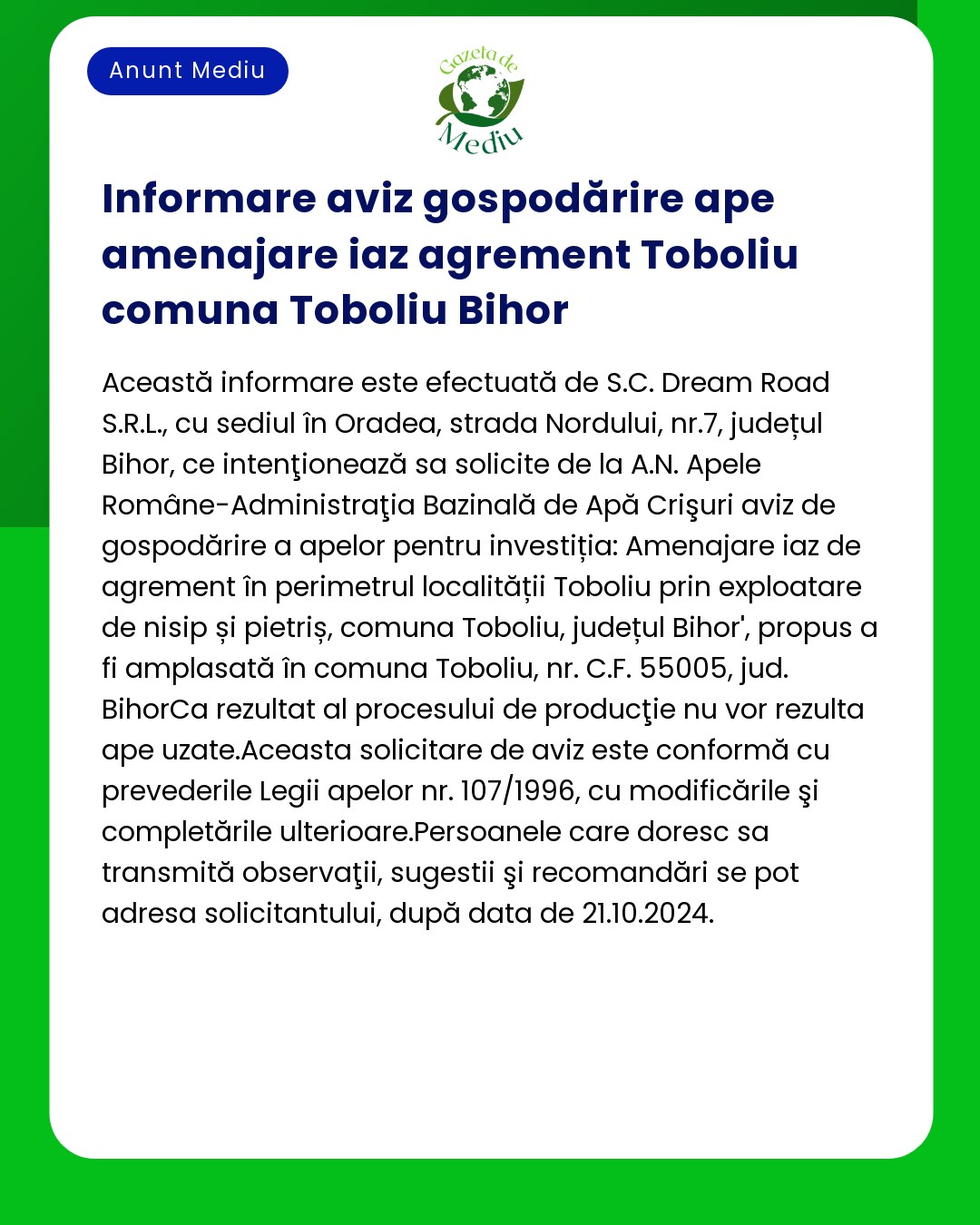 Anunț verde și albastru despre un anunț public legat de gospodărirea apelor și amenajarea terenului în comuna Toboliu județul Bihor România