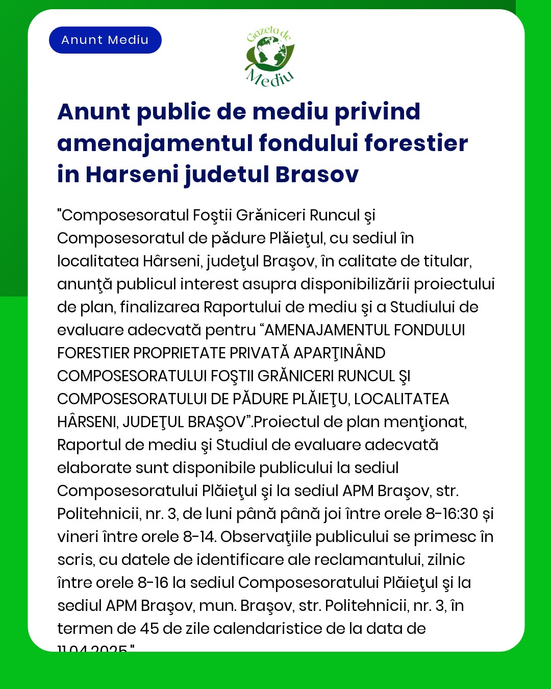Anunt public de mediu privind amenajamentul fondului forestier in Hars