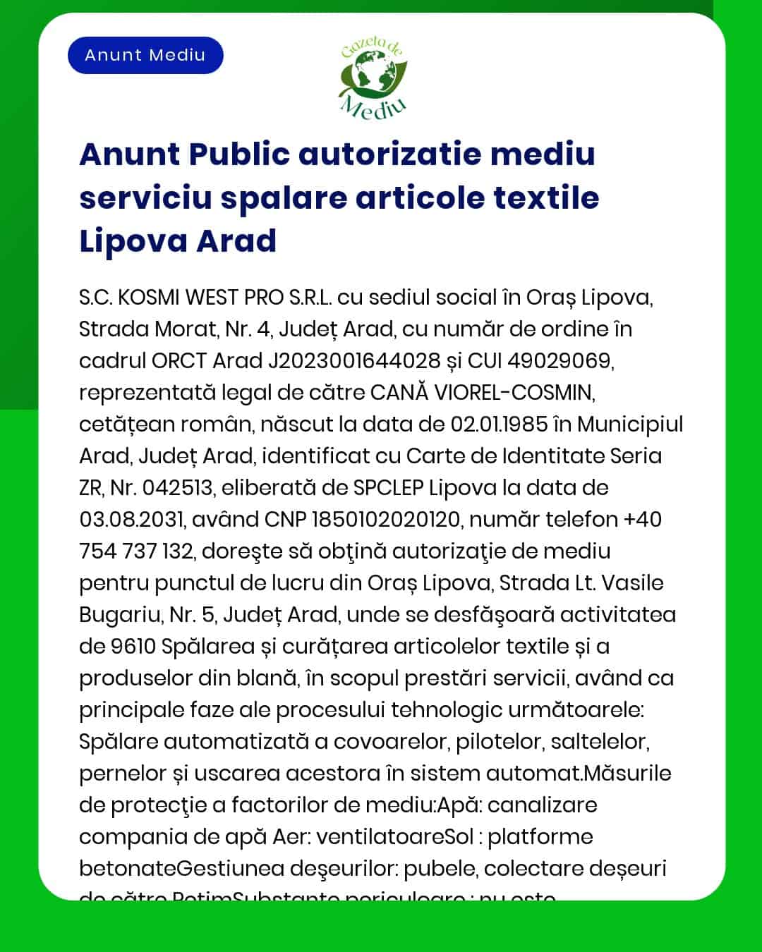 Anunt Public autorizatie mediu serviciu spalare articole textile Lipov