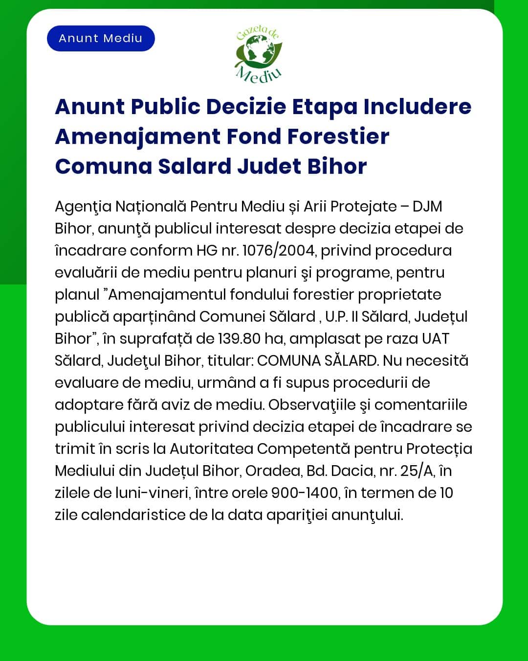 Anunt Public Decizie Etapa Includere Amenajament Fond Forestier Comuna