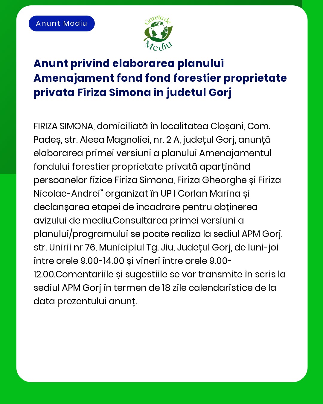 Anunt privind elaborarea planului Amenajament fond fond forestier prop