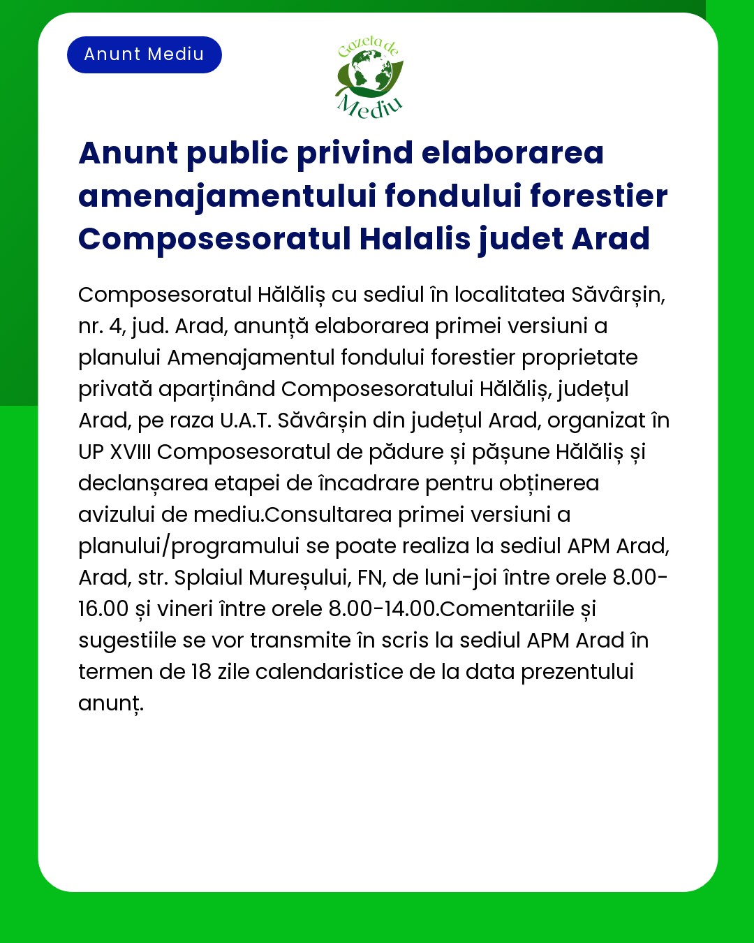 Anunt public privind elaborarea amenajamentului fondului forestier Com