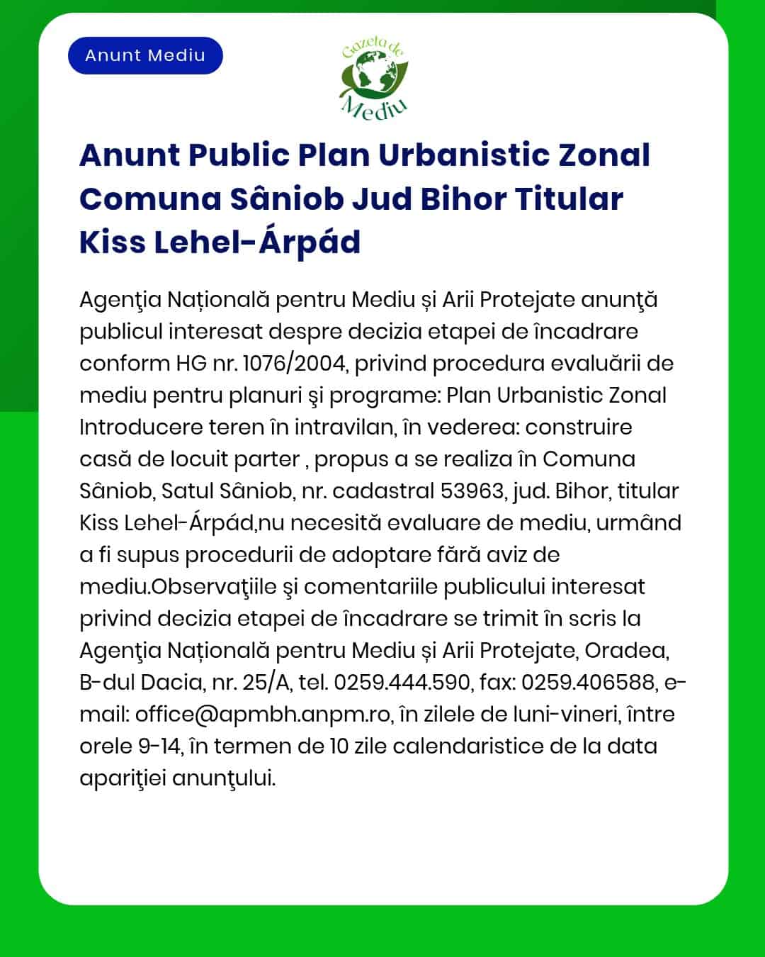 APM anunță elaborarea unui plan urbanistic zonal în Sânioab Bihor