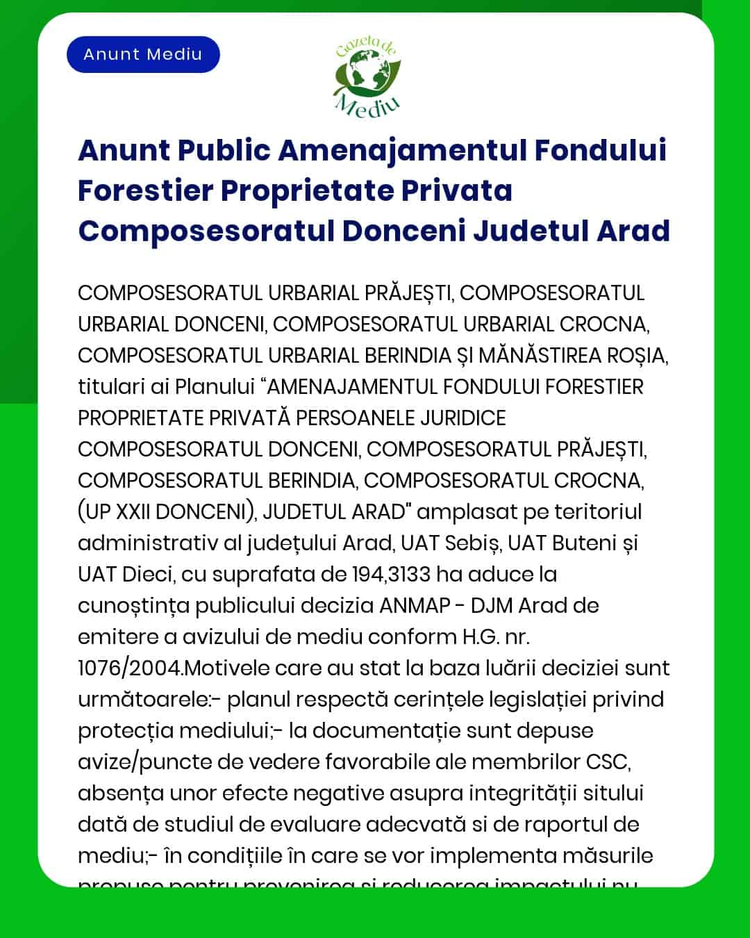 Anunt Public Amenajamentul Fondului Forestier Proprietate Privata Comp