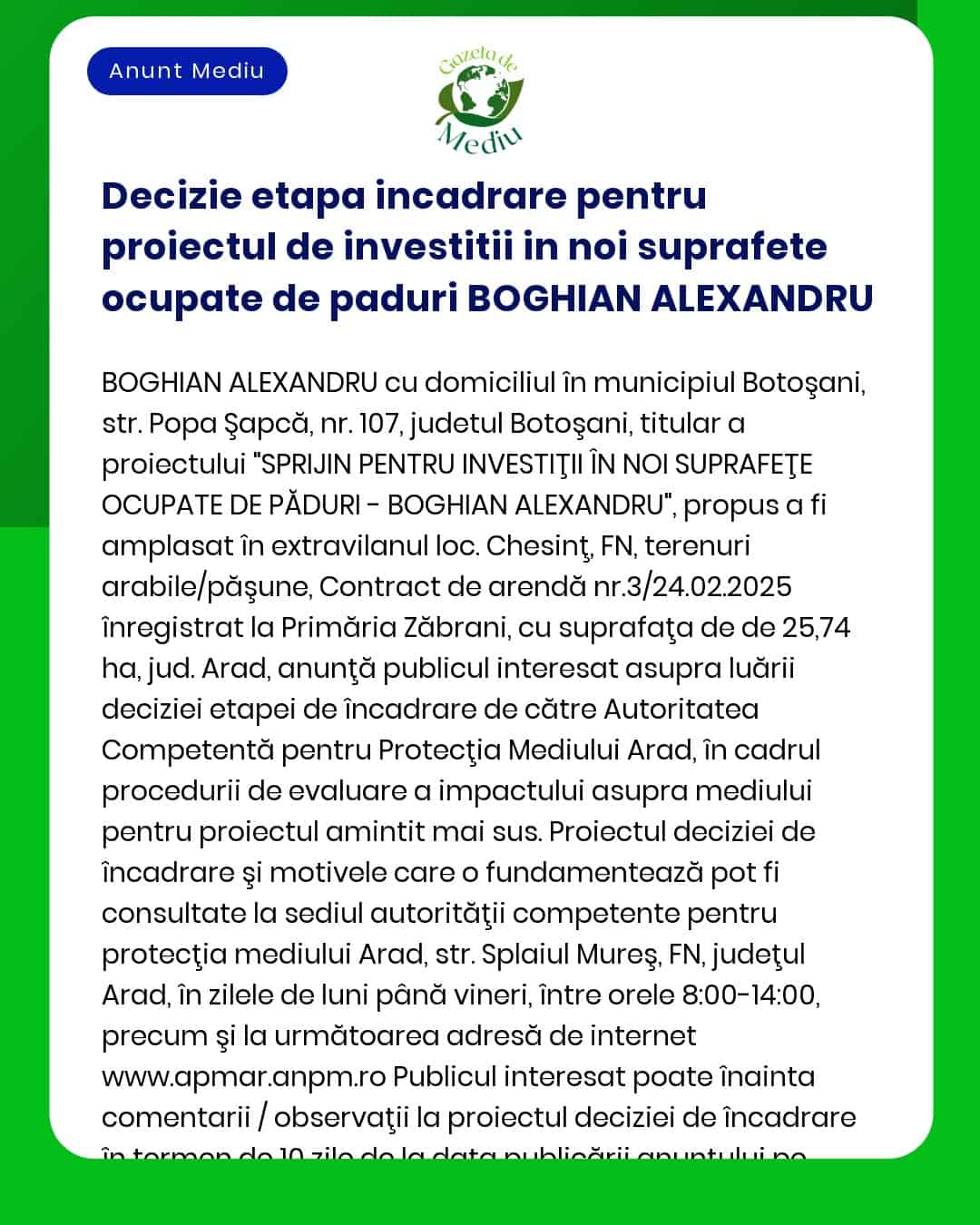 Decizie etapa incadrare pentru proiectul de investitii in noi suprafet