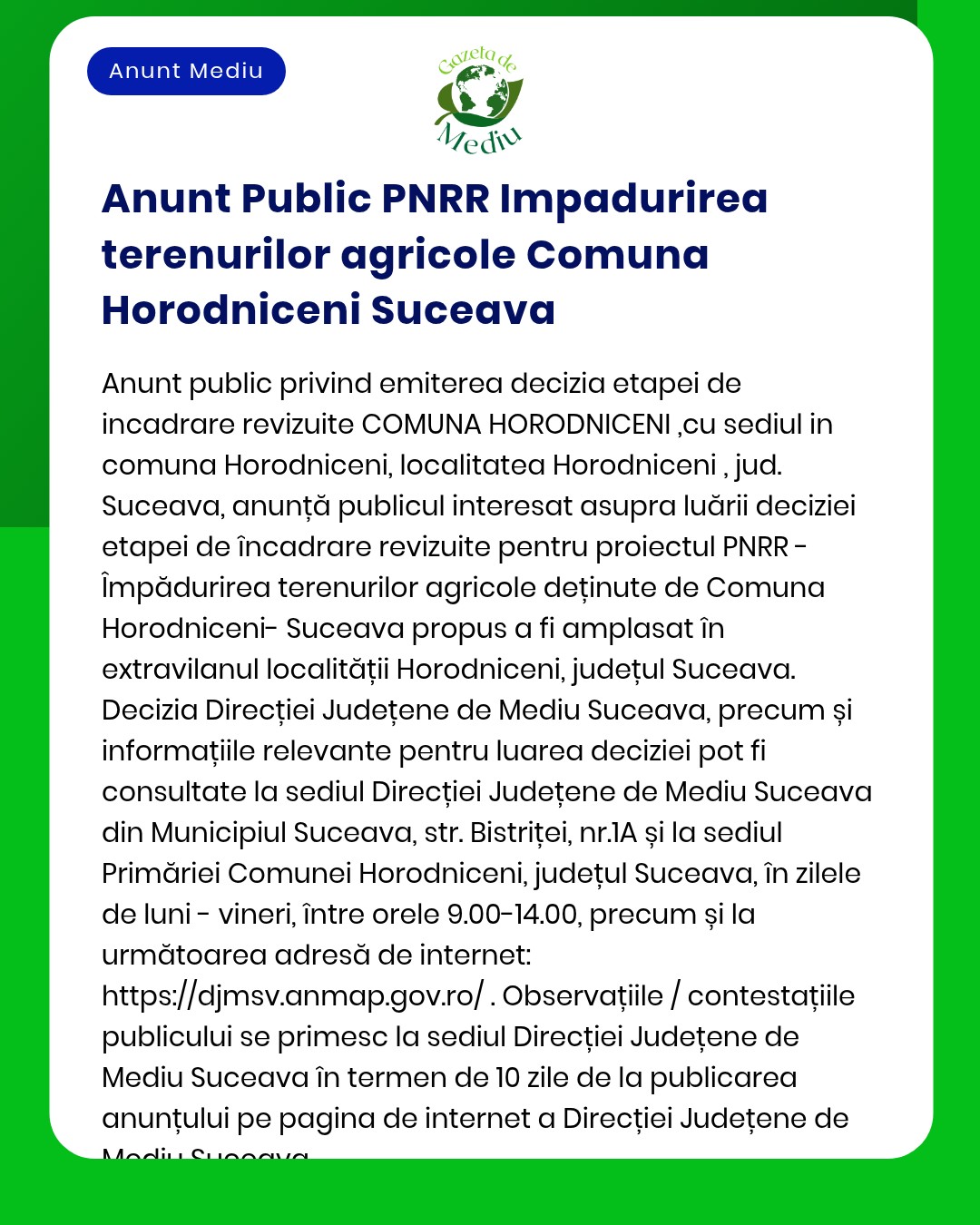 Anunț privind proiectul finanțat prin PNRR depus la APM Suceava