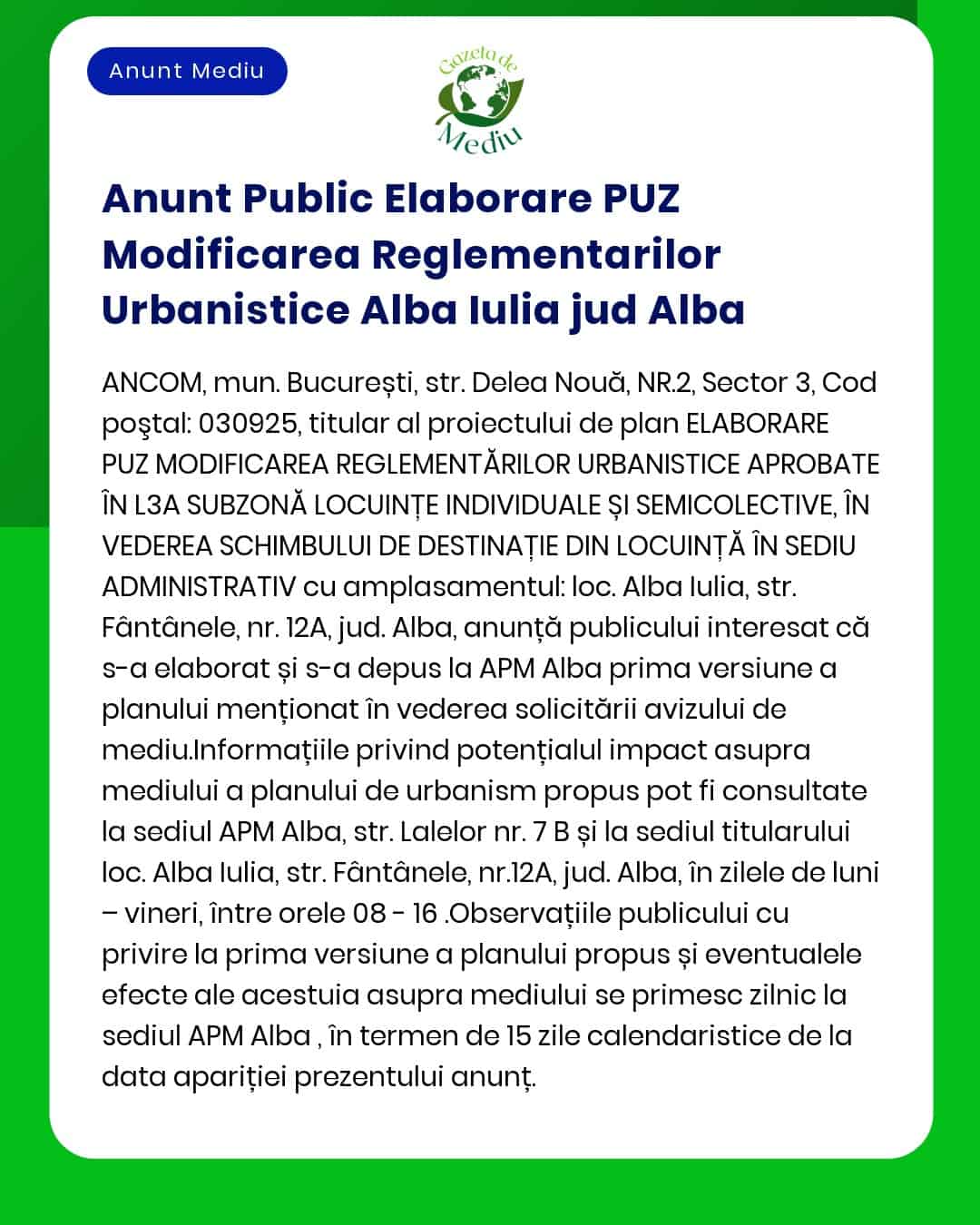 Elaborare PUZ - construire imobil locuințe colective și funcțiuni complementare Alba Iulia titular SC Dezvoltator SRL