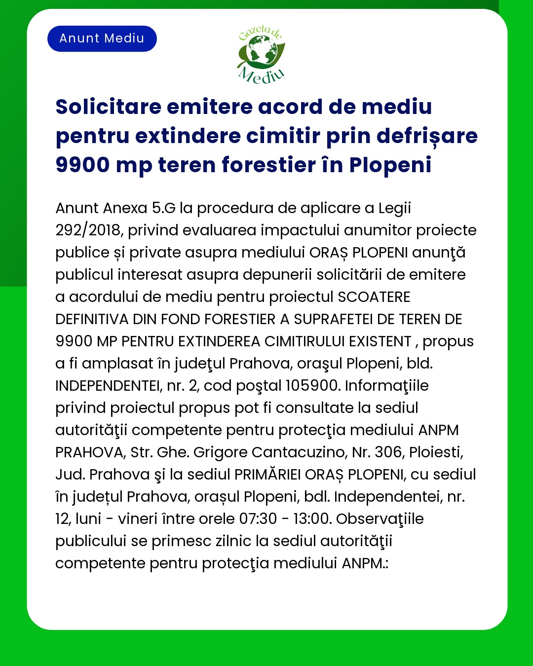 Solicitare emitere acord de mediu pentru extindere cimitir prin defriș