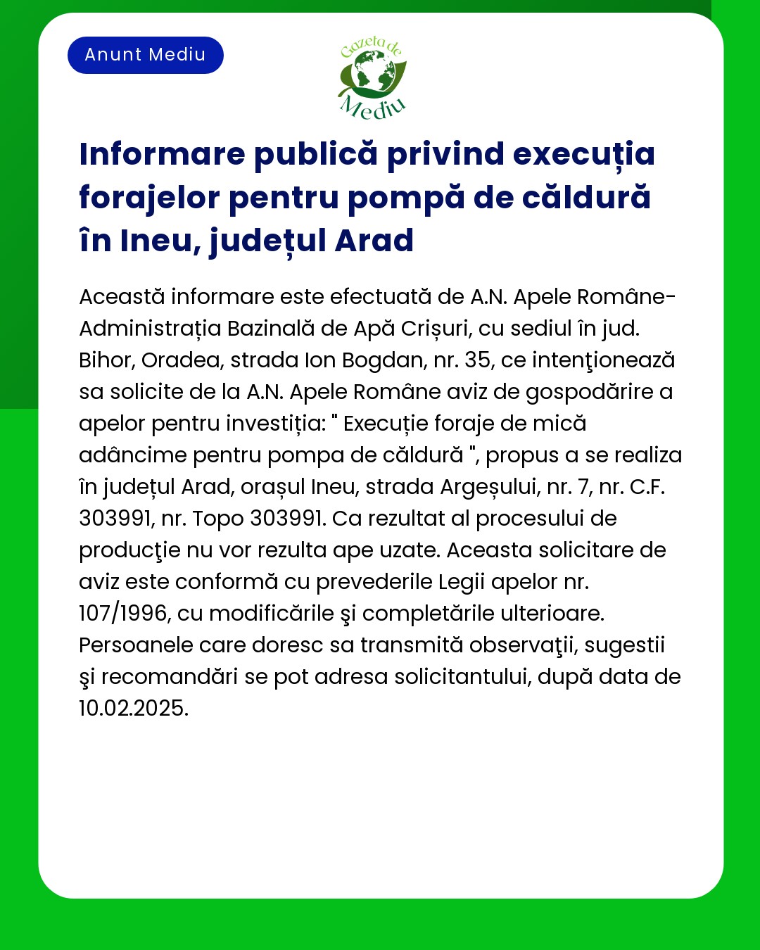 Informare publică privind execuția forajelor pentru pompă de căldură î