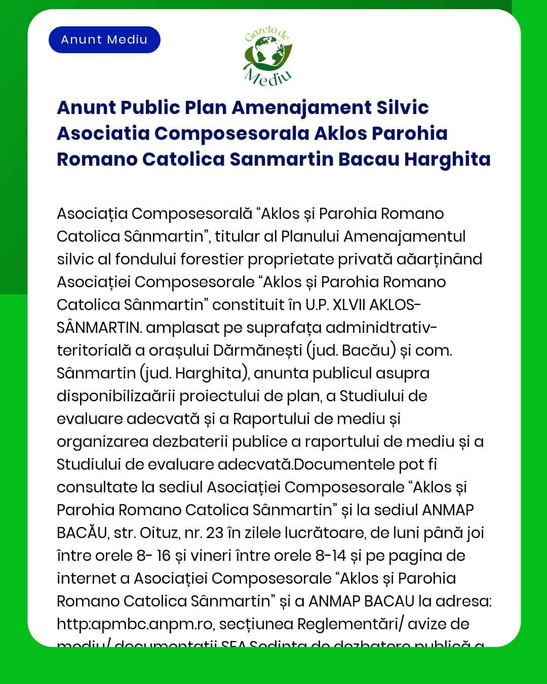 Anunt Public Plan Amenajament Silvic Asociatia Composesorala Aklos Par