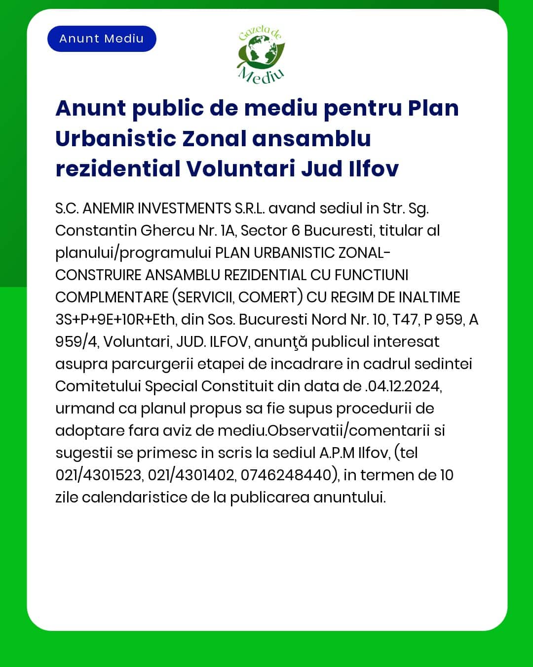 Anunt public de mediu pentru Plan Urbanistic Zonal ansamblu rezidentia