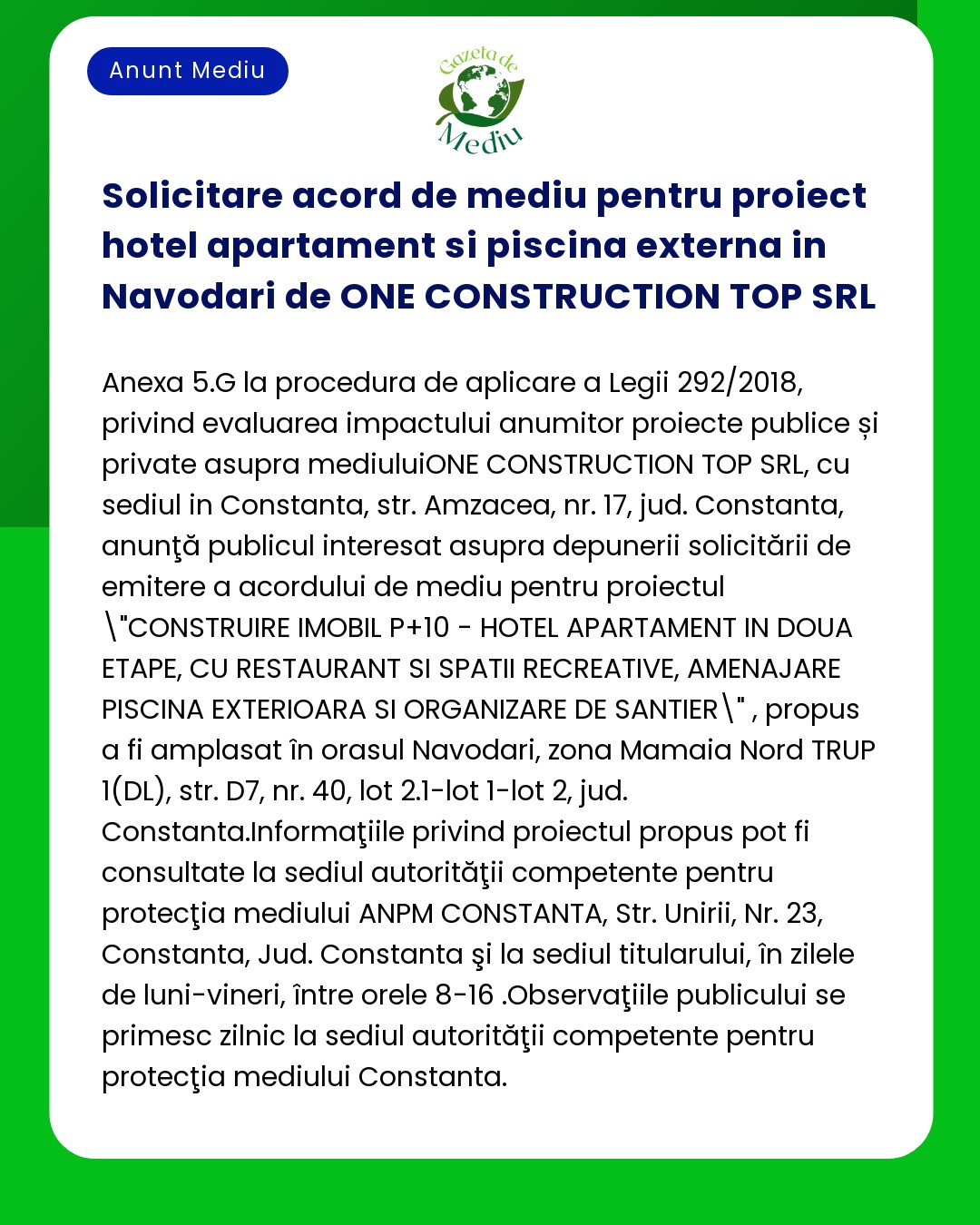 Solicitare acord de mediu pentru proiect hotel apartament si piscina e