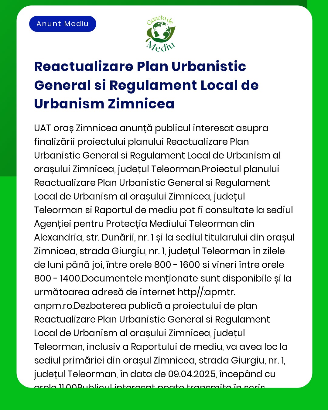 Anunț informativ cu text care detaliază un anunț de interes public despre Planul de Reactualizare Urbanistică General și Regulament Local de Urbanism pentru Zimnicea inclusiv detalii de consultare