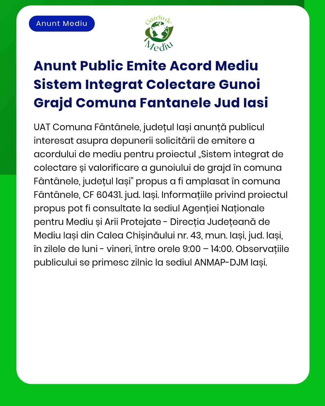 Anunt Public Emite Acord Mediu Sistem Integrat Colectare Gunoi Grajd C