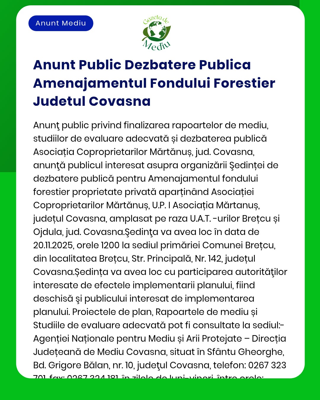 Dezbatere publică privind aprobarea Fondului Forestier al Județului Covasna
